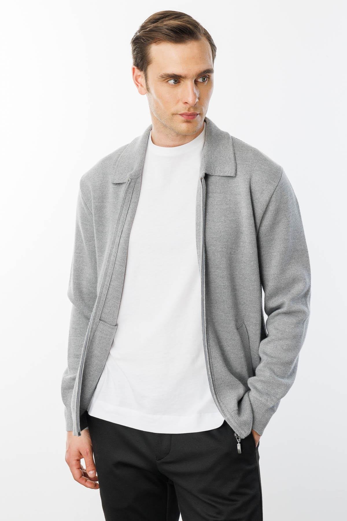 22531Erkek Polo Yaka Çelik Örgü Yün Ceket Füme