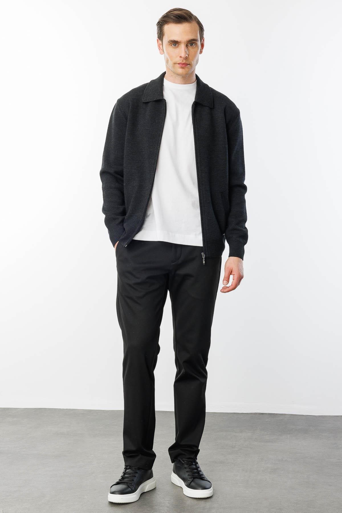 22531Erkek Polo Yaka Çelik Örgü Yün Ceket K.Füme