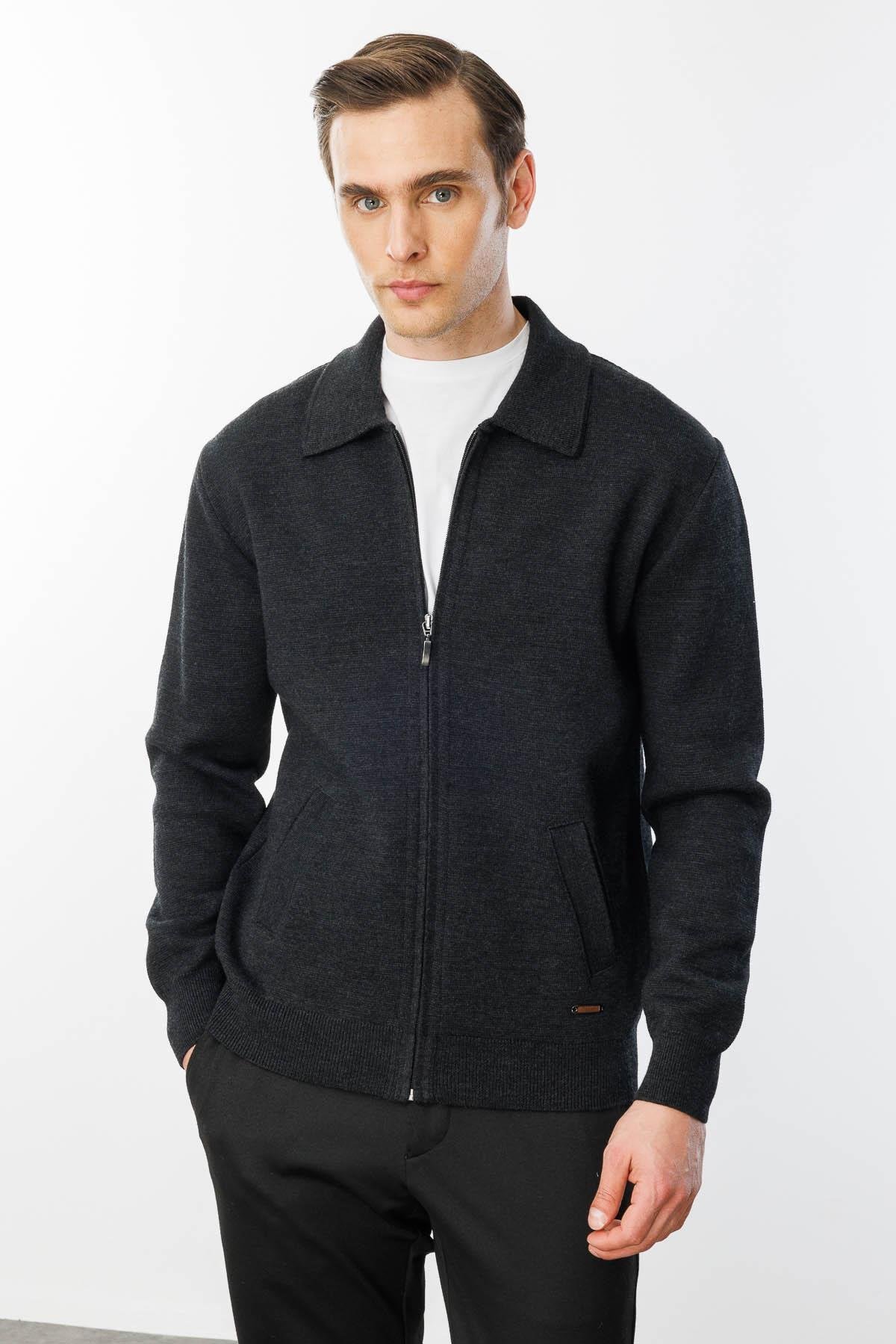 22531Erkek Polo Yaka Çelik Örgü Yün Ceket K.Füme