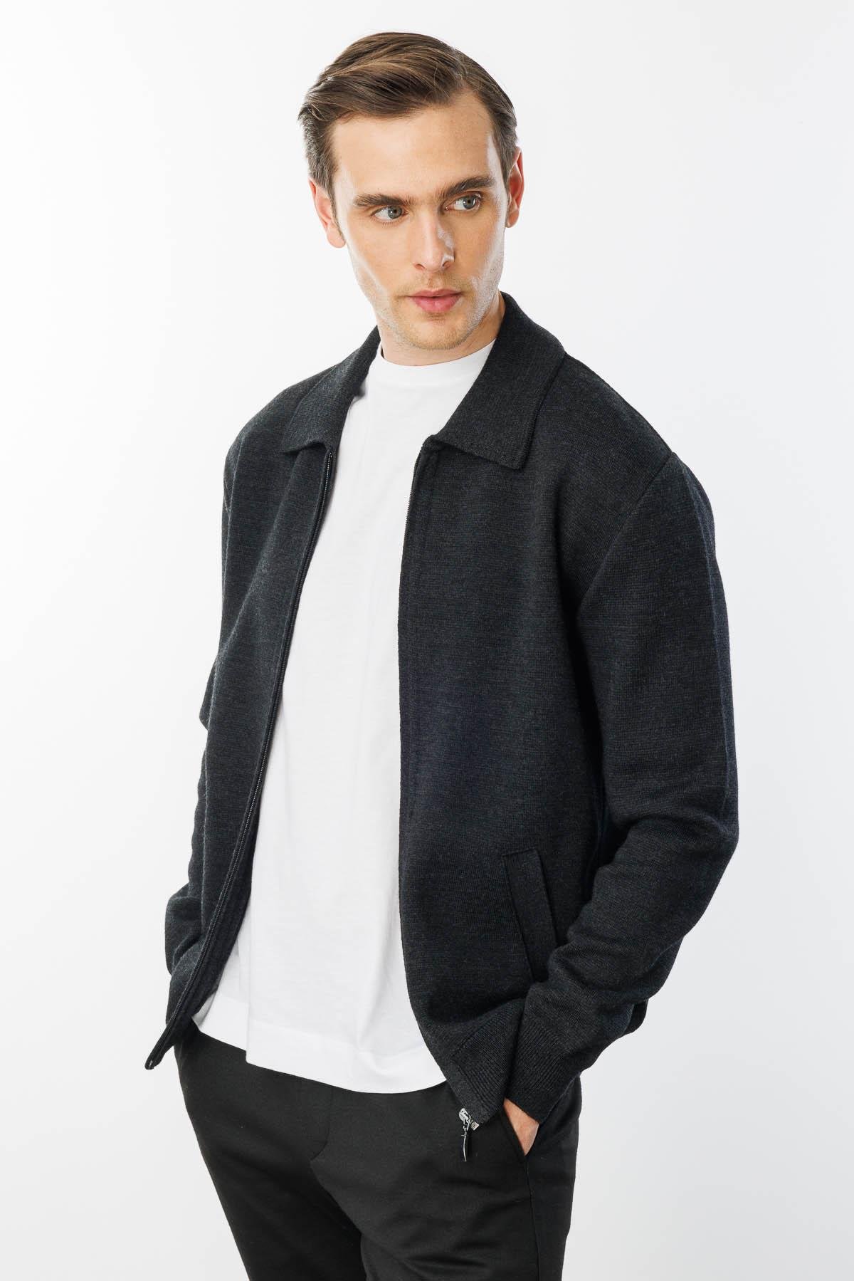 22531Erkek Polo Yaka Çelik Örgü Yün Ceket K.Füme