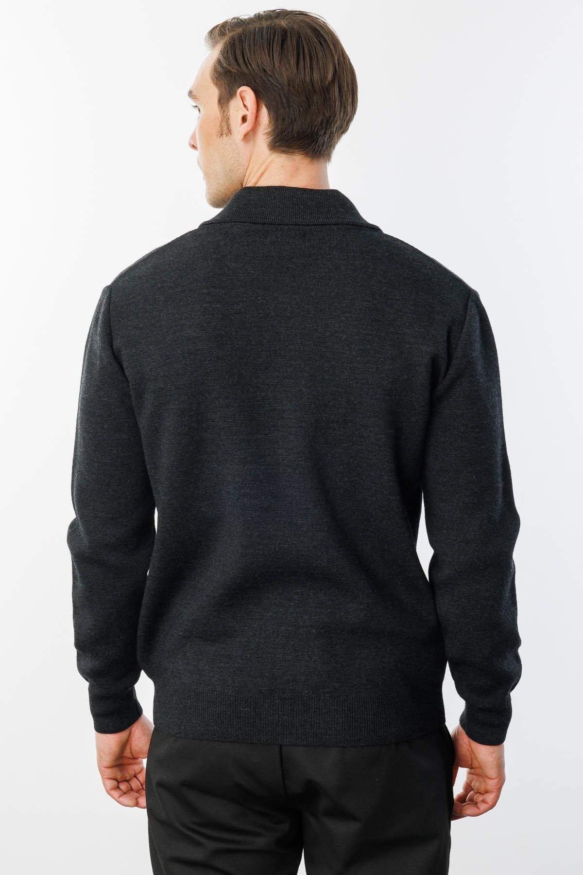 22531Erkek Polo Yaka Çelik Örgü Yün Ceket K.Füme