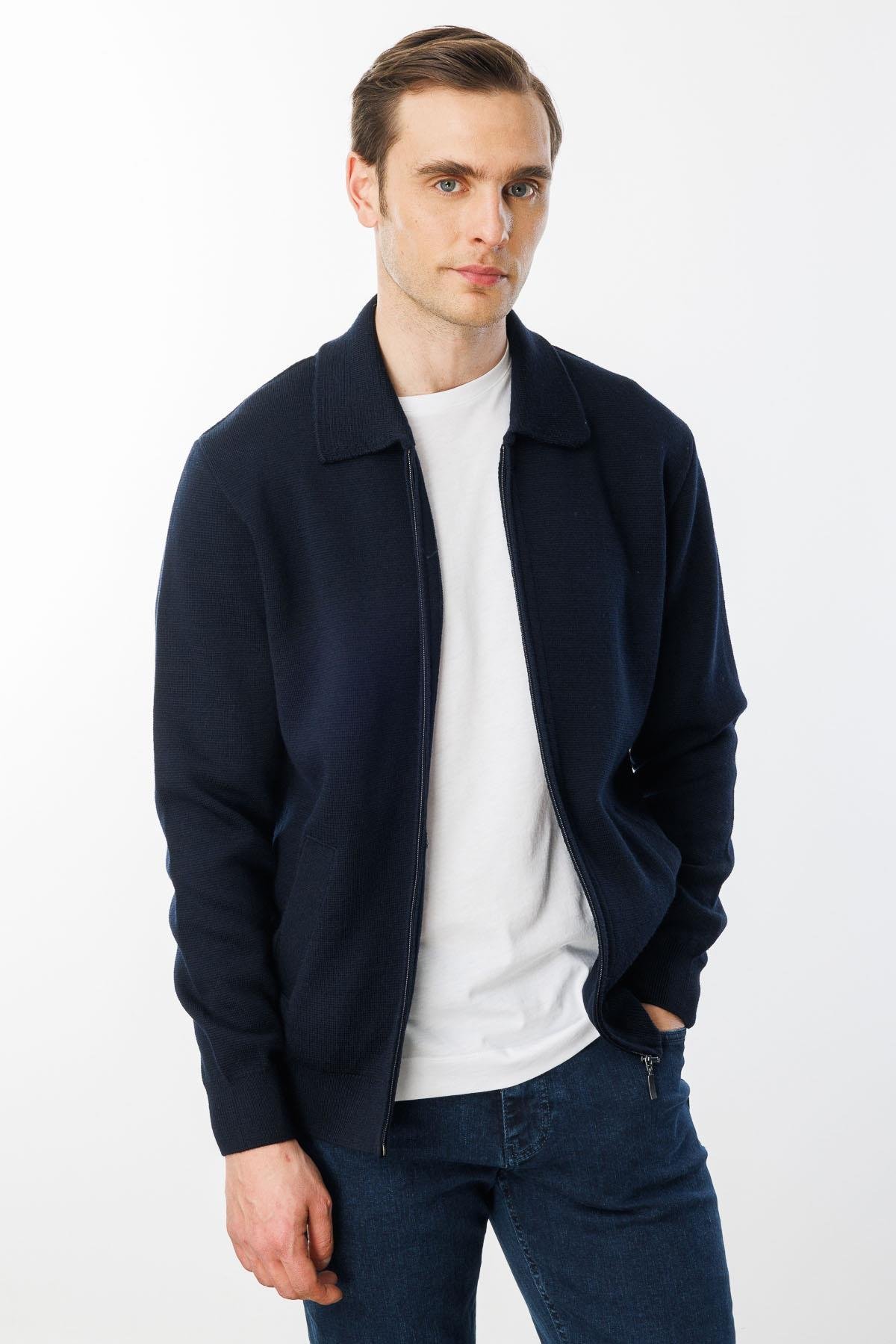 22531Erkek Polo Yaka Çelik Örgü Yün Ceket K.Lacivert