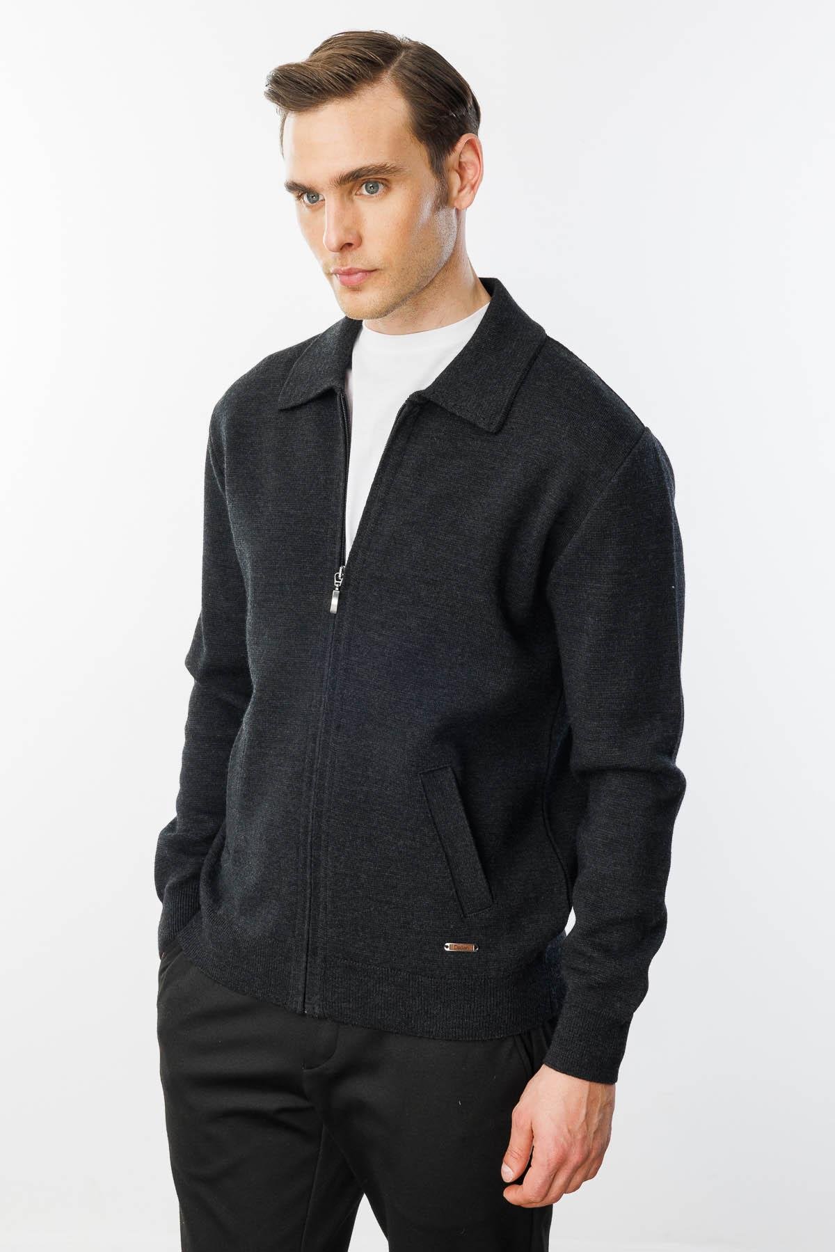 22531Erkek Polo Yaka Çelik Örgü Yün Ceket K.Füme