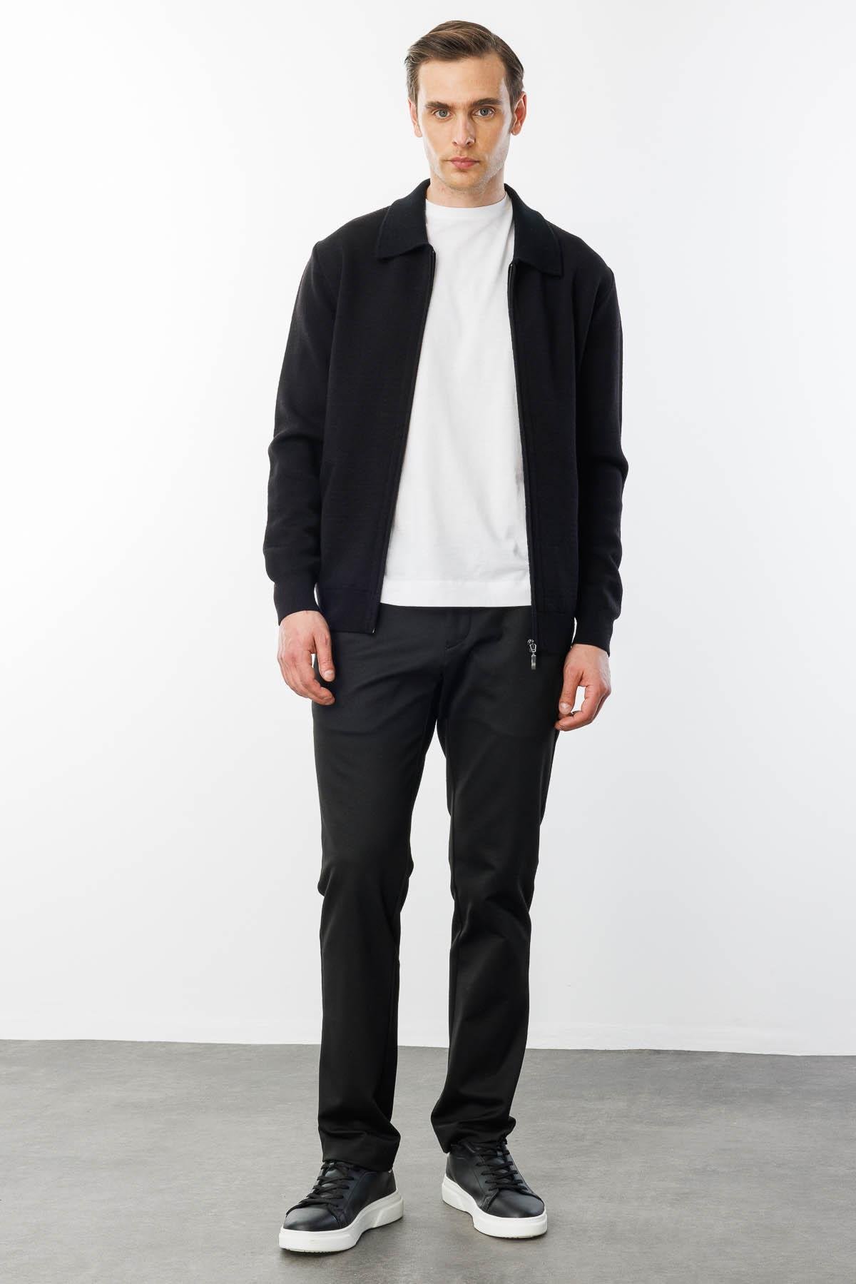 22531Erkek Polo Yaka Çelik Örgü Yün Ceket Siyah