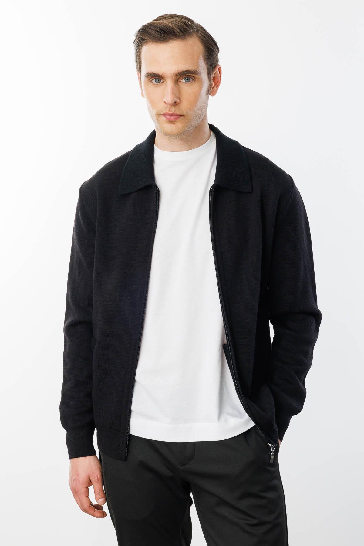 22531Erkek Polo Yaka Çelik Örgü Yün Ceket Siyah