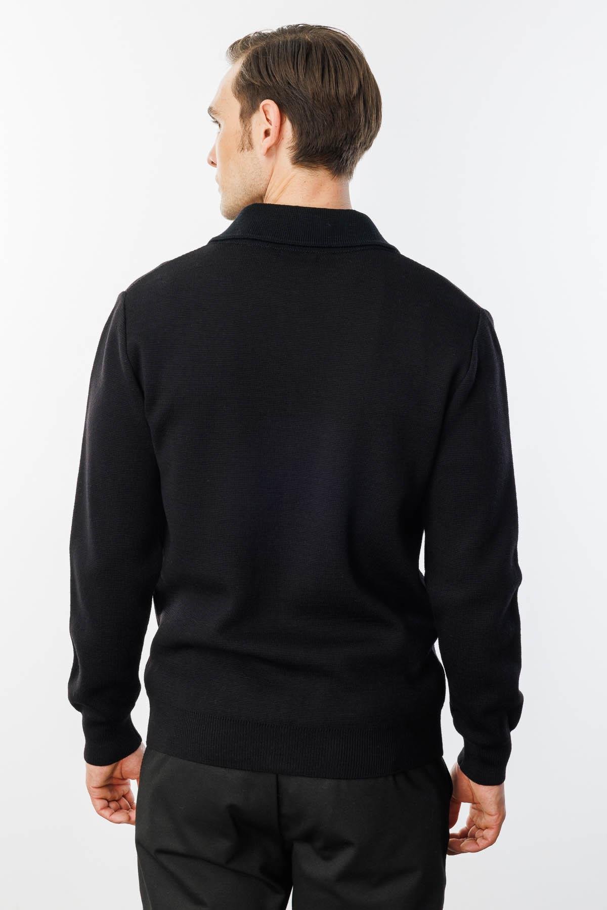22531Erkek Polo Yaka Çelik Örgü Yün Ceket Siyah