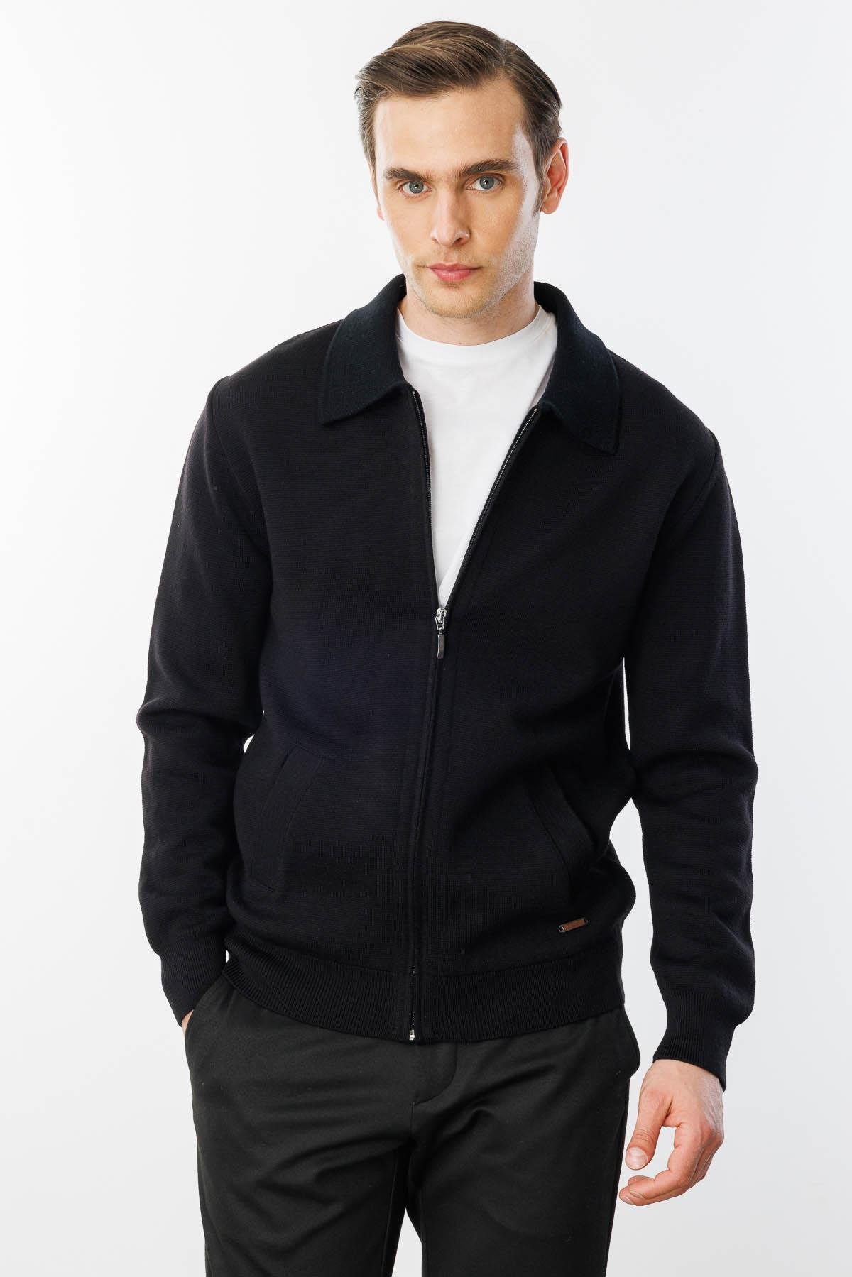 22531Erkek Polo Yaka Çelik Örgü Yün Ceket Siyah