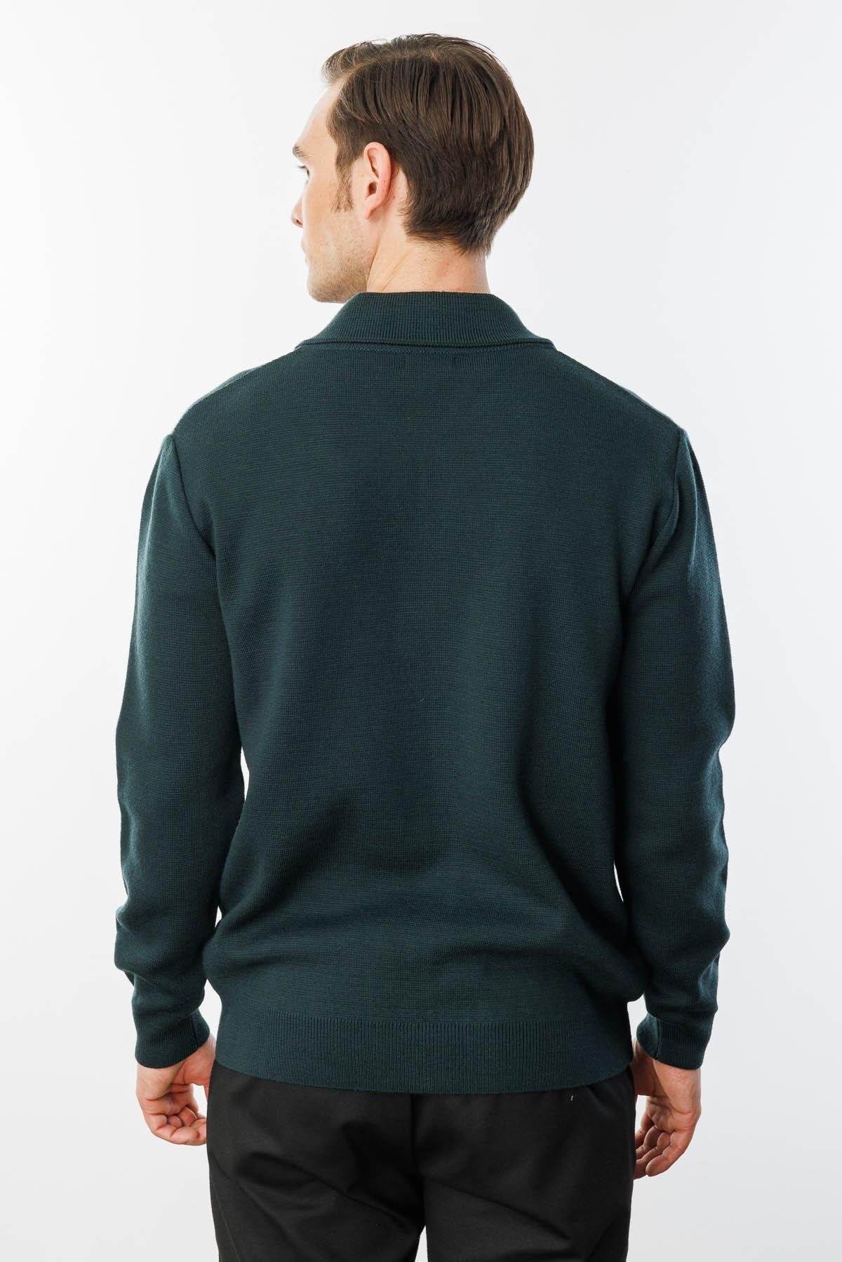 22531Erkek Polo Yaka Çelik Örgü Yün Ceket Yeşil