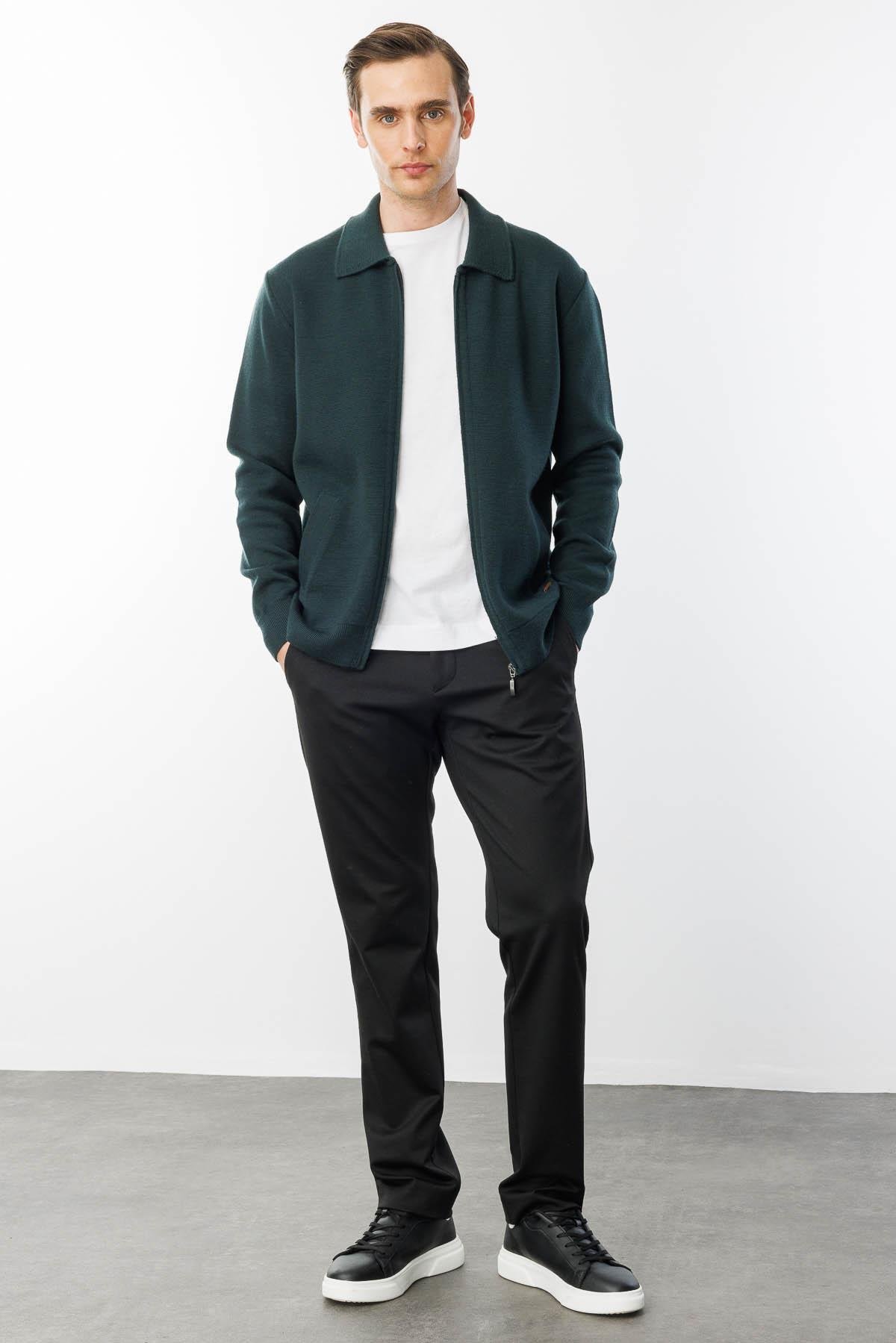 22531Erkek Polo Yaka Çelik Örgü Yün Ceket Yeşil