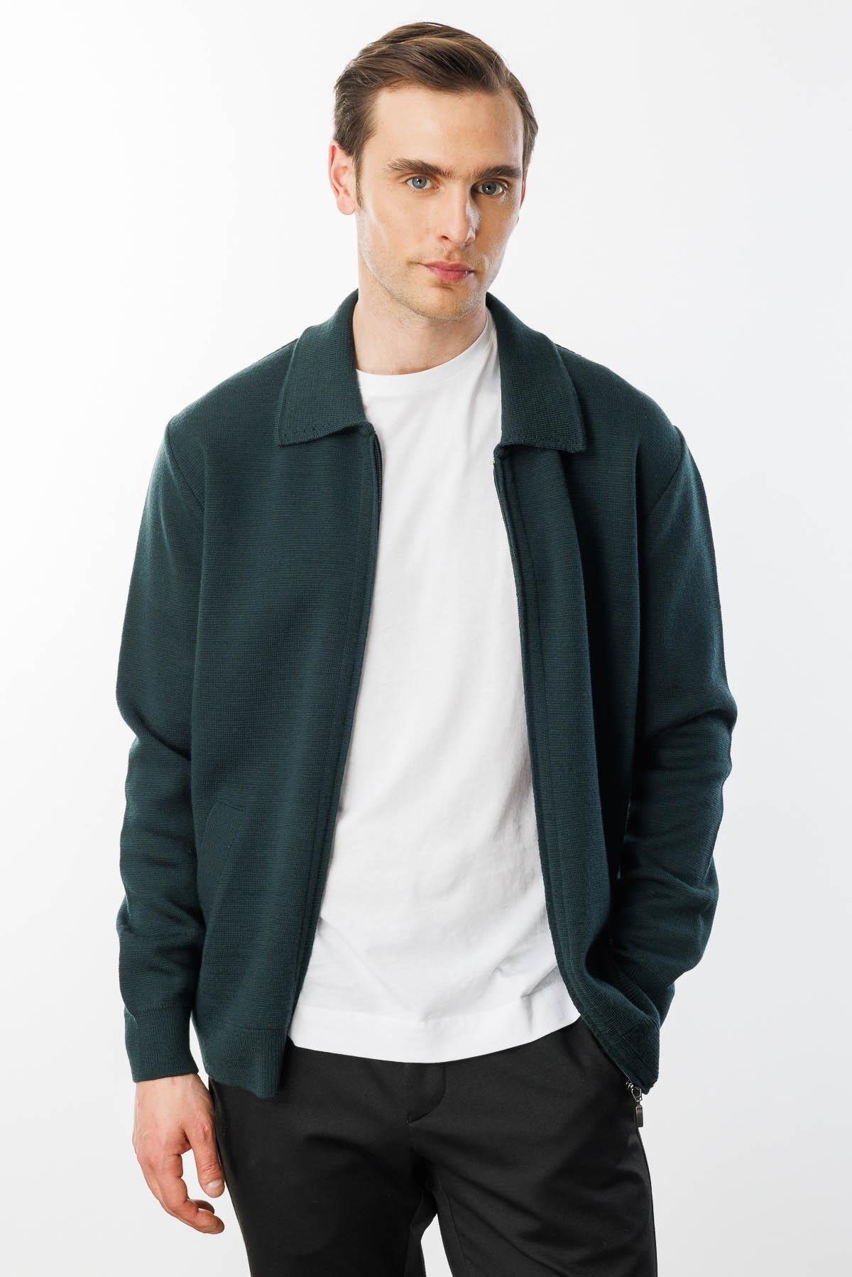 22531Erkek Polo Yaka Çelik Örgü Yün Ceket Yeşil