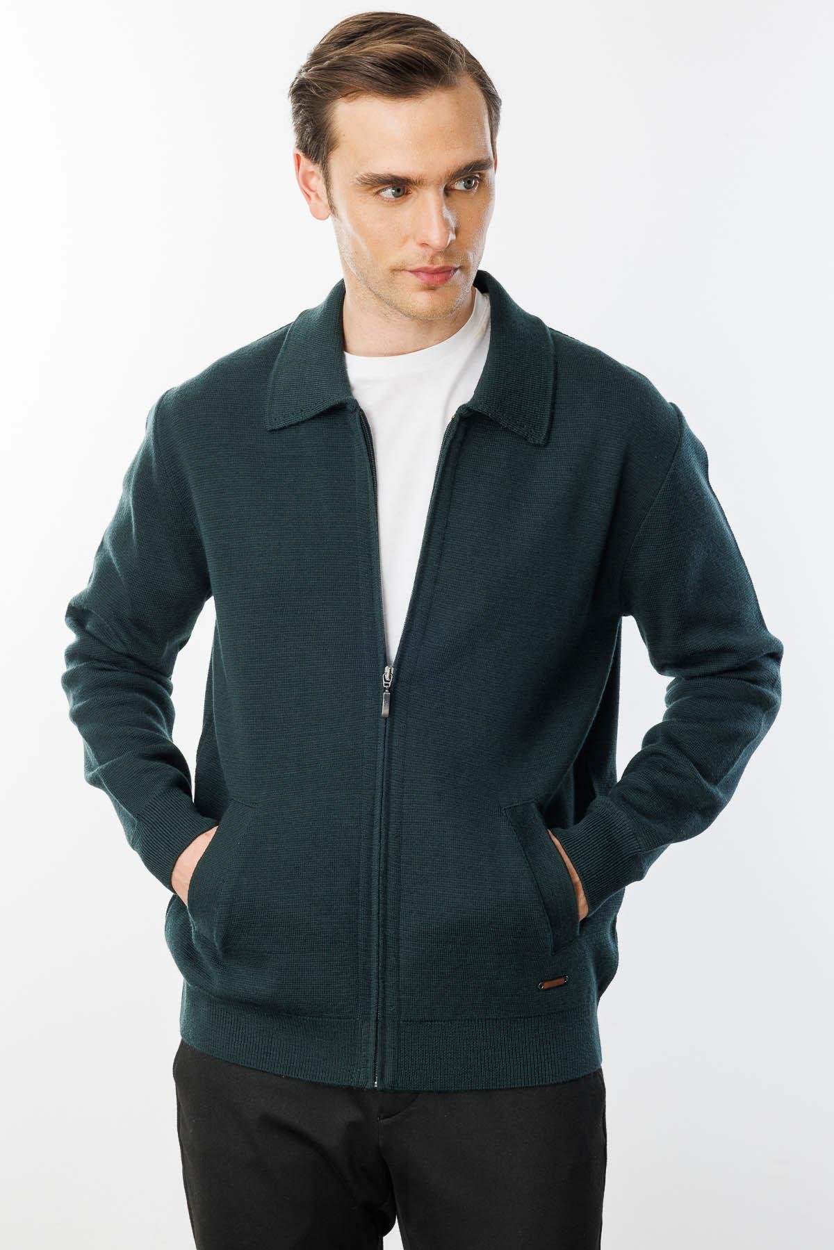 22531Erkek Polo Yaka Çelik Örgü Yün Ceket Yeşil