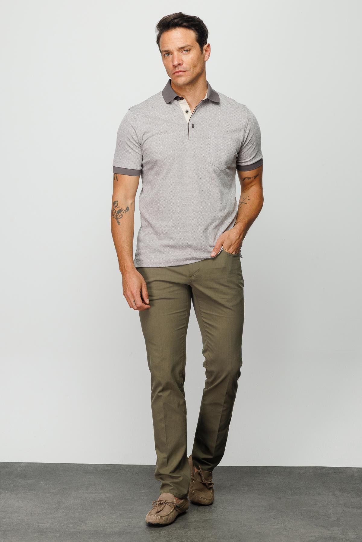 815Erkek Polo Yaka Cepli Jakarlı Tshirt Bej