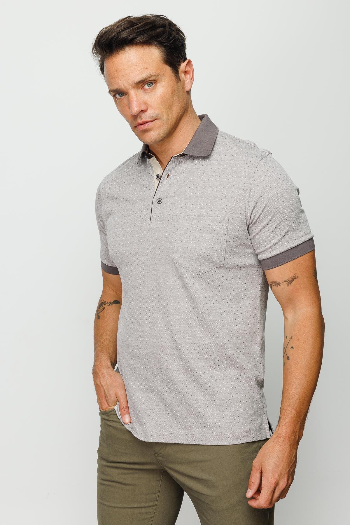 815Erkek Polo Yaka Cepli Jakarlı Tshirt Bej