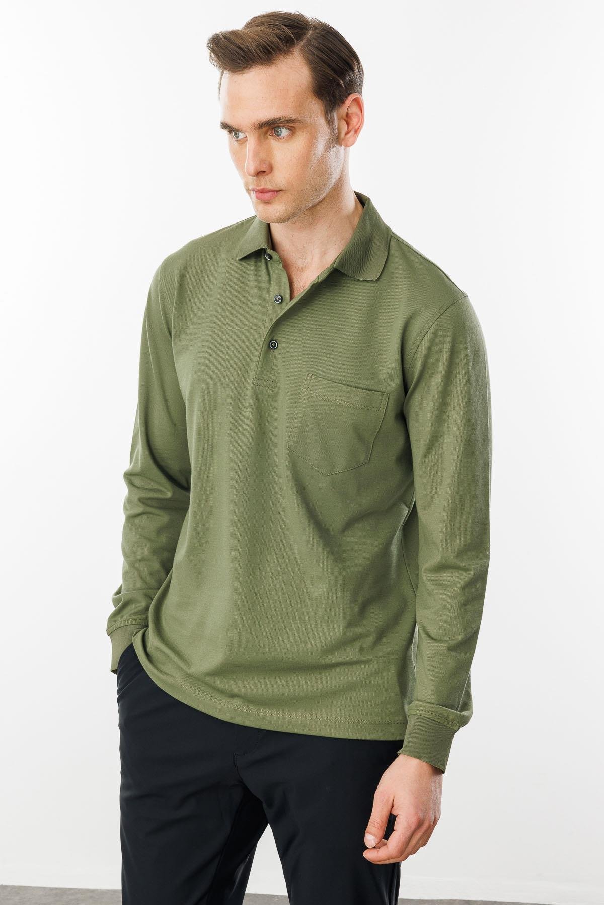 980Erkek Polo Yaka Cepli Uzun Kollu Sweatshirt Haki