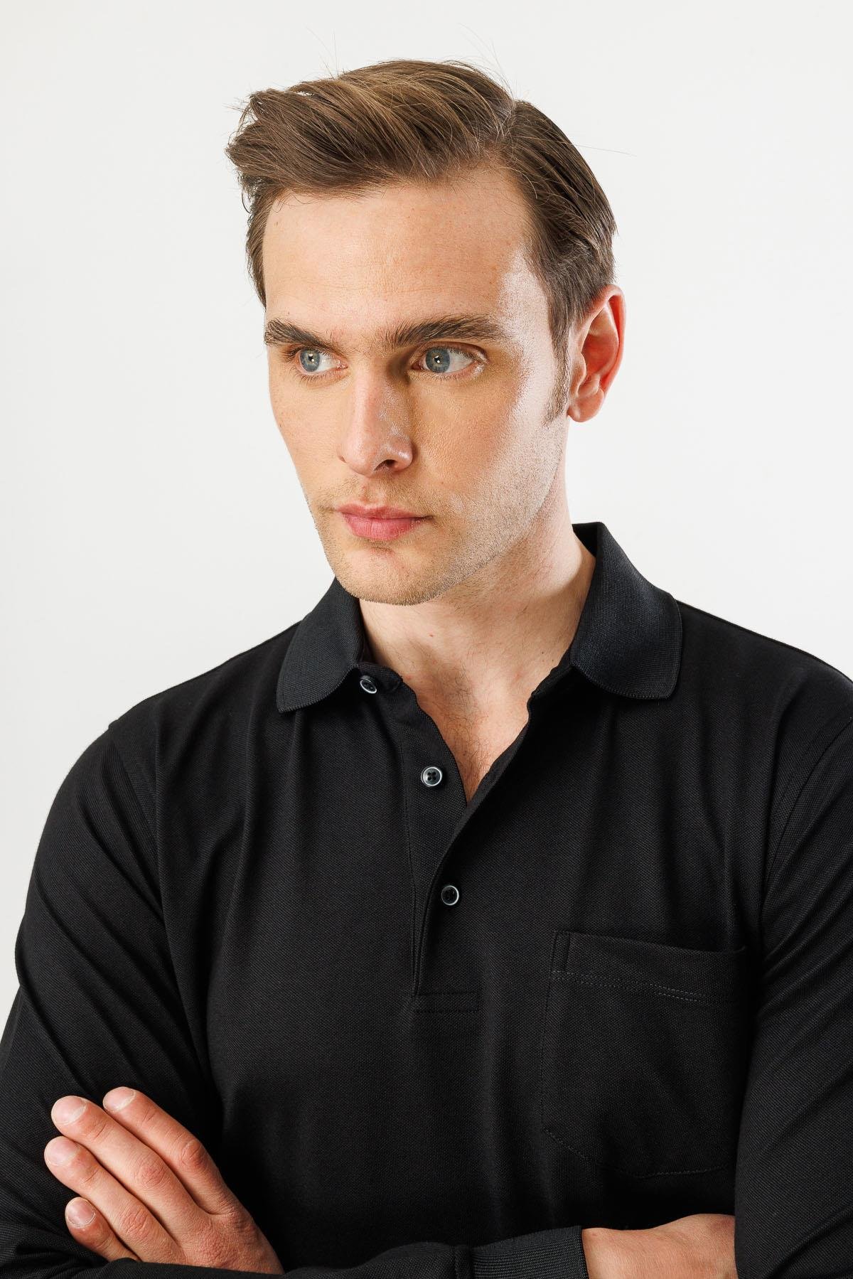 980Erkek Polo Yaka Cepli Uzun Kollu Sweatshirt Siyah