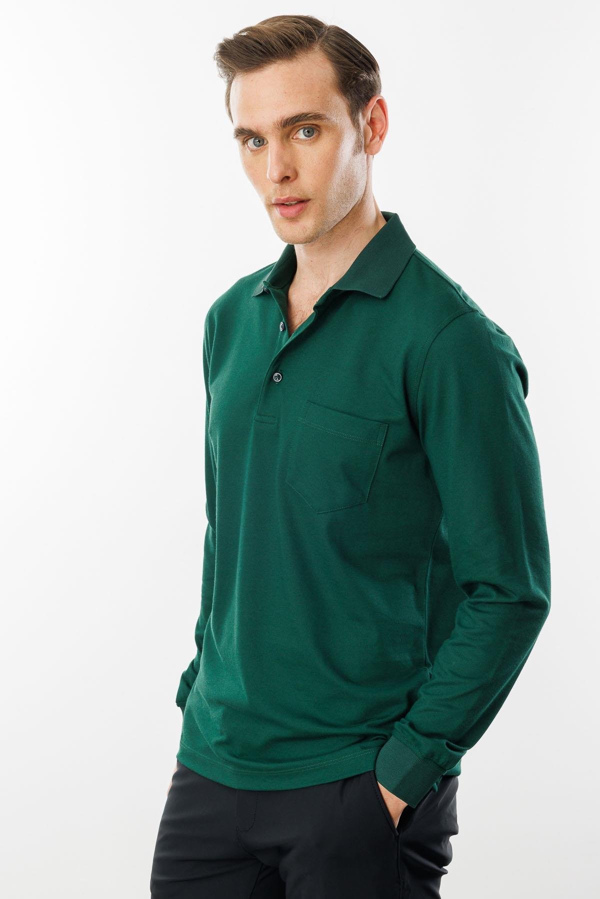 980Erkek Polo Yaka Cepli Uzun Kollu Sweatshirt Z.Yeşili