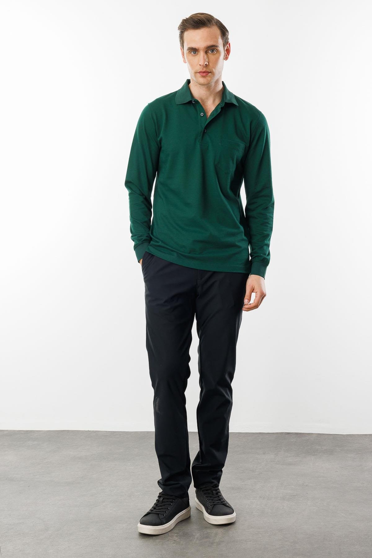 980Erkek Polo Yaka Cepli Uzun Kollu Sweatshirt Z.Yeşili