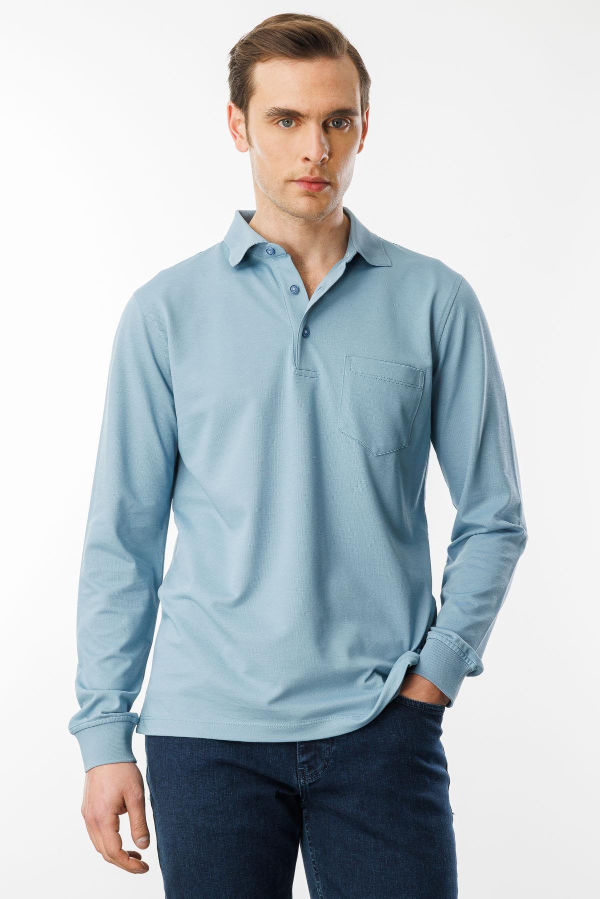 980Erkek Polo Yaka Cepli Uzun Kollu Sweatshirt H.Mavi