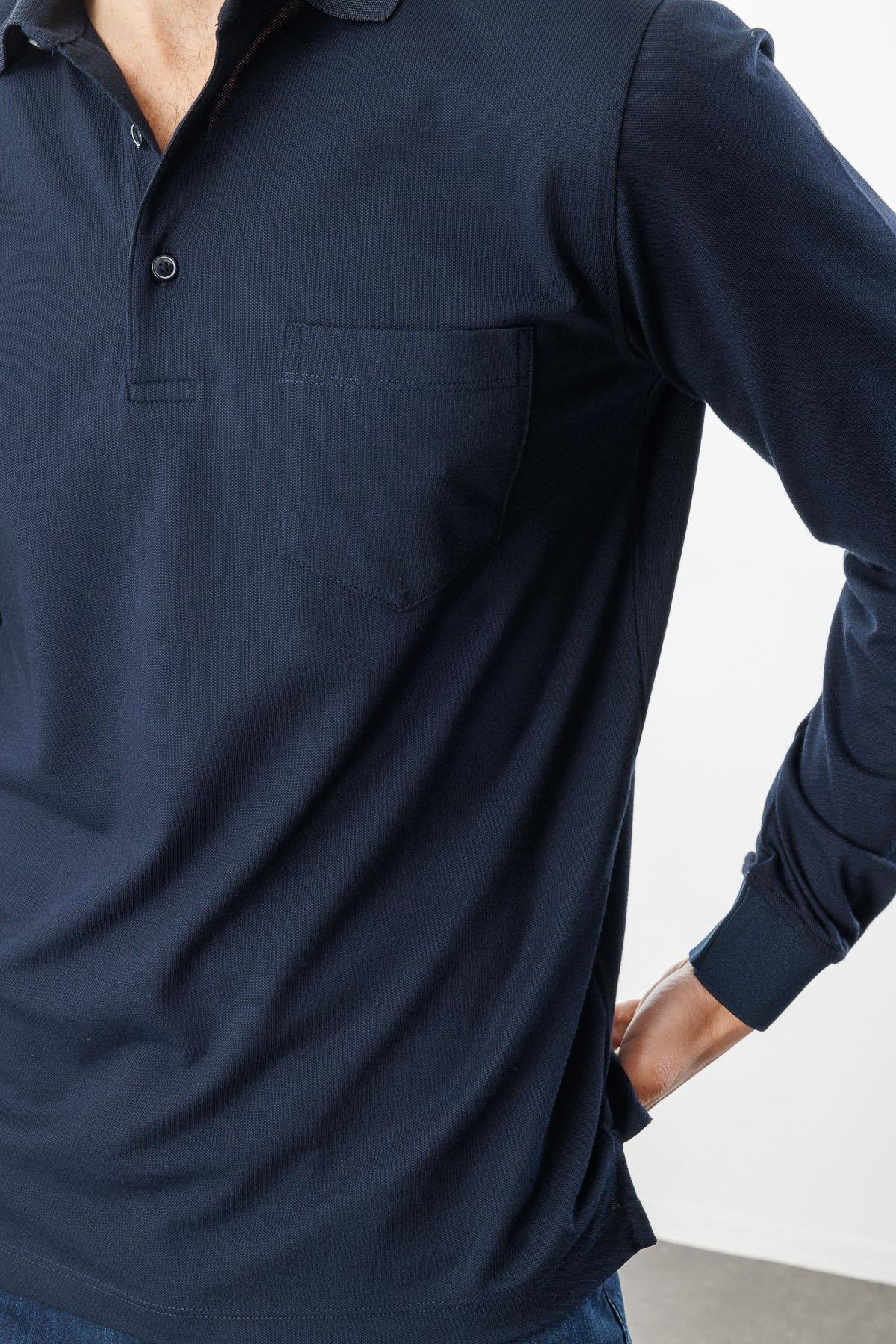 980Erkek Polo Yaka Cepli Uzun Kollu Sweatshirt Lacivert