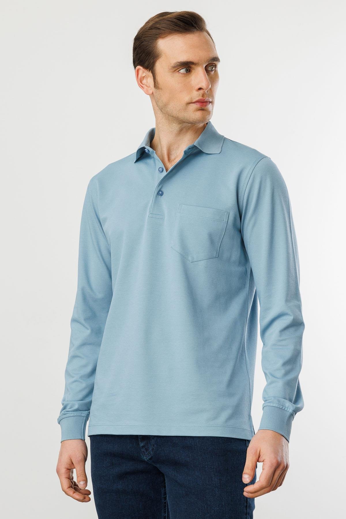 980Erkek Polo Yaka Cepli Uzun Kollu Sweatshirt H.Mavi