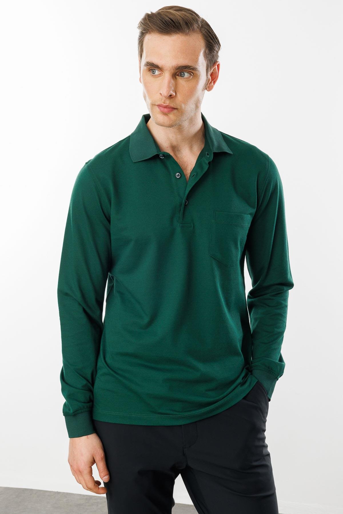 980Erkek Polo Yaka Cepli Uzun Kollu Sweatshirt Z.Yeşili