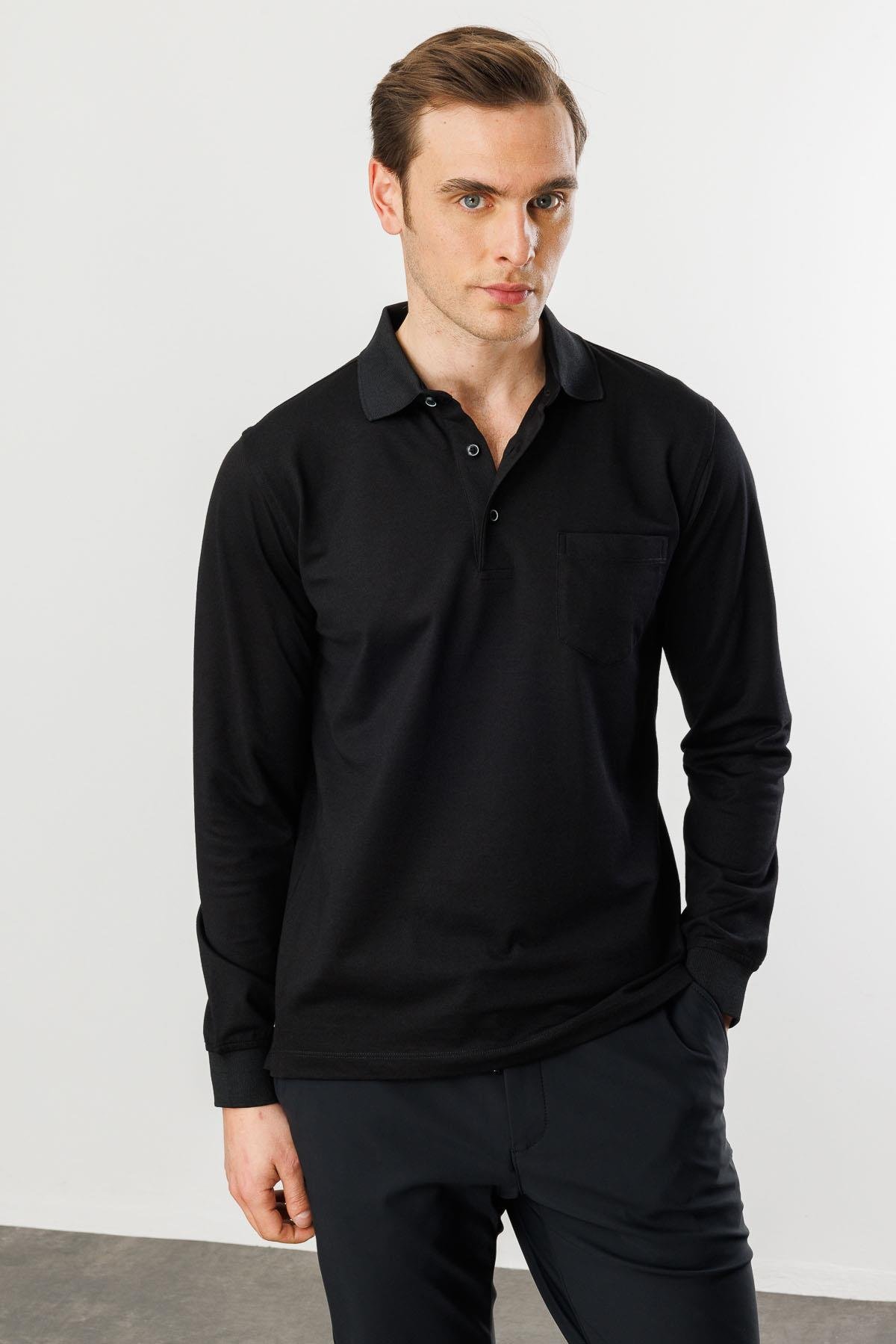 980Erkek Polo Yaka Cepli Uzun Kollu Sweatshirt Siyah