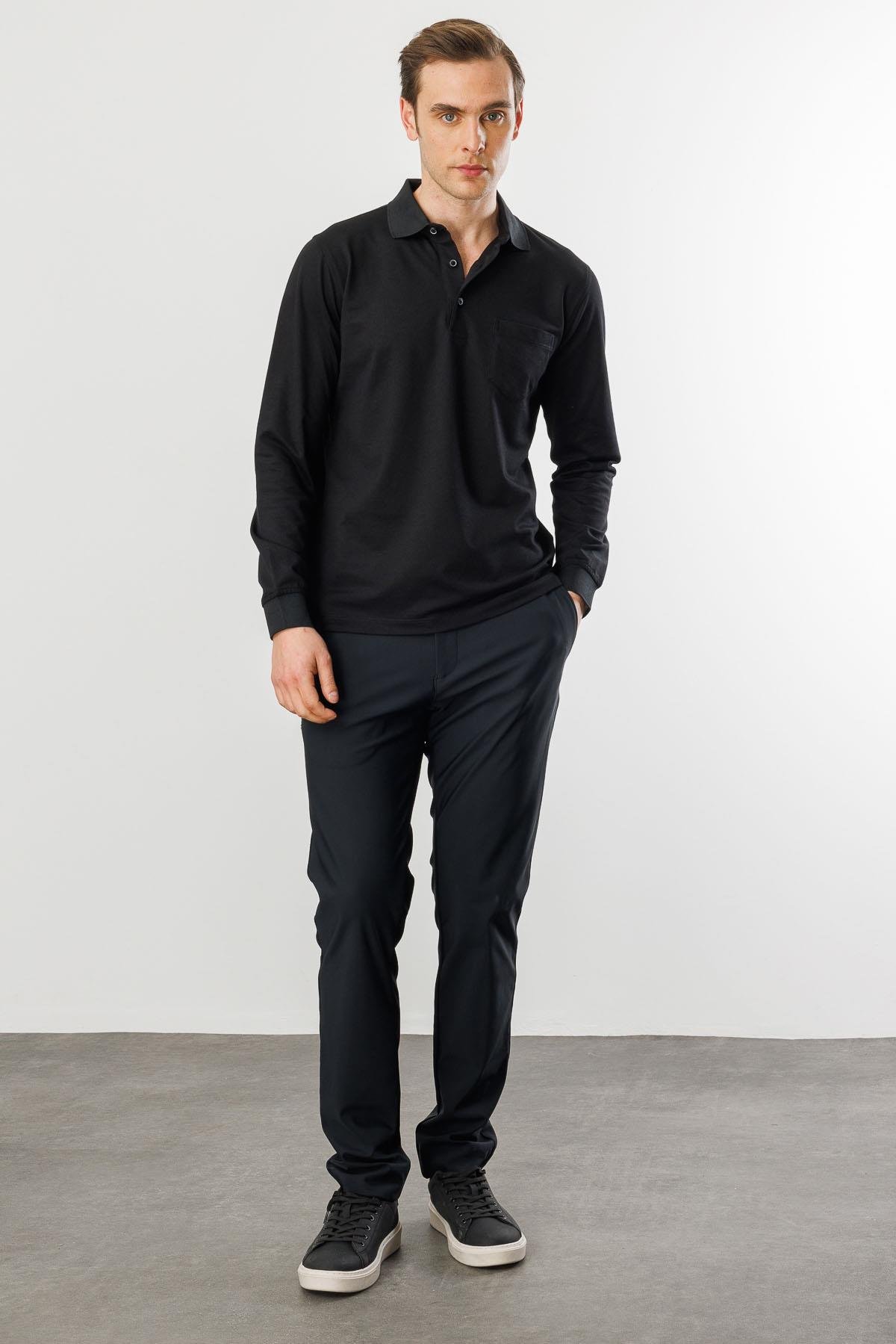 980Erkek Polo Yaka Cepli Uzun Kollu Sweatshirt Siyah