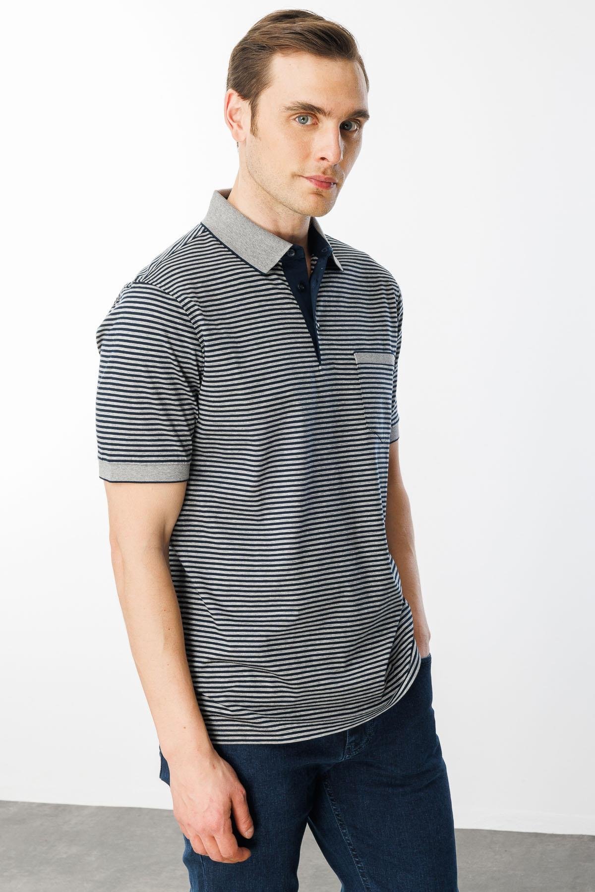 SEG FABErkek Polo Yaka Çizgili %100 Pamuk T-shirt Gri