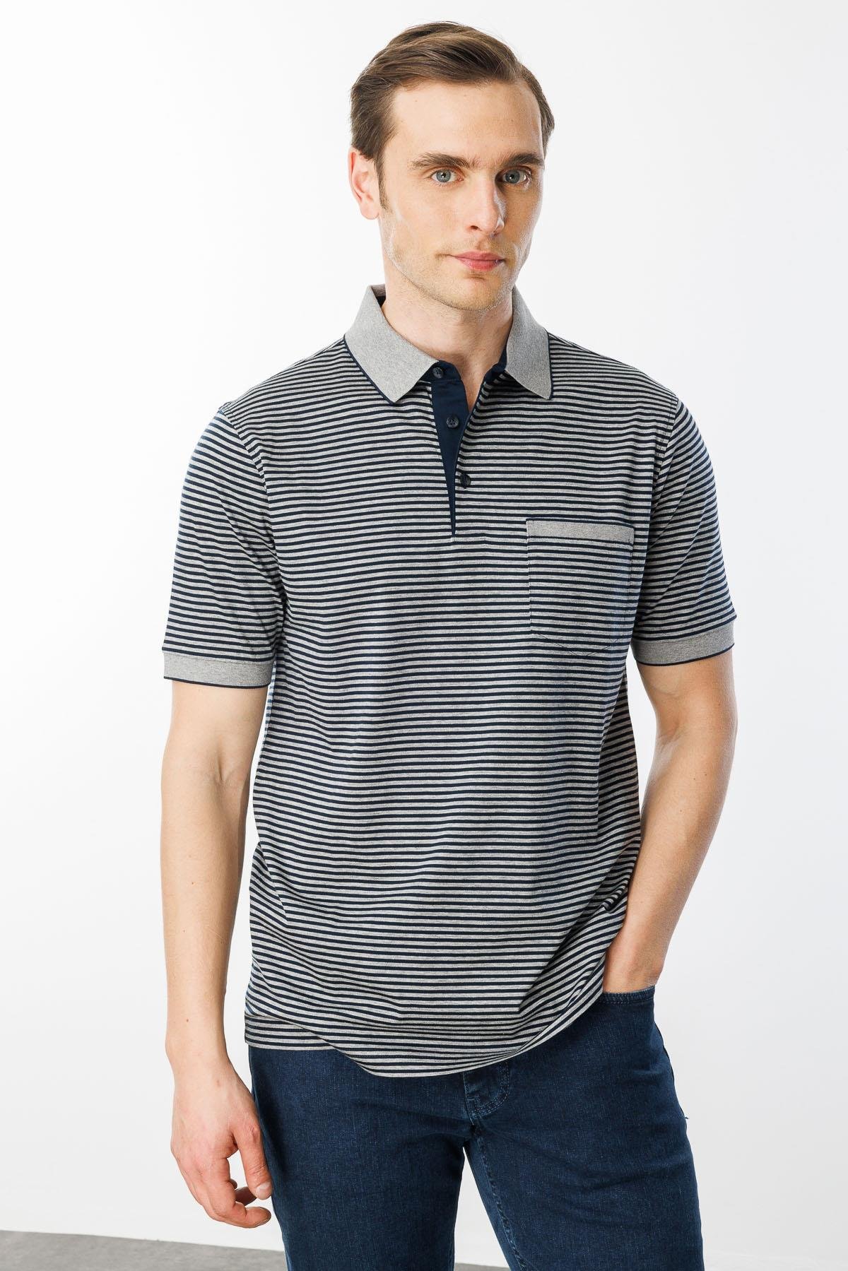 SEG FABErkek Polo Yaka Çizgili %100 Pamuk T-shirt Gri