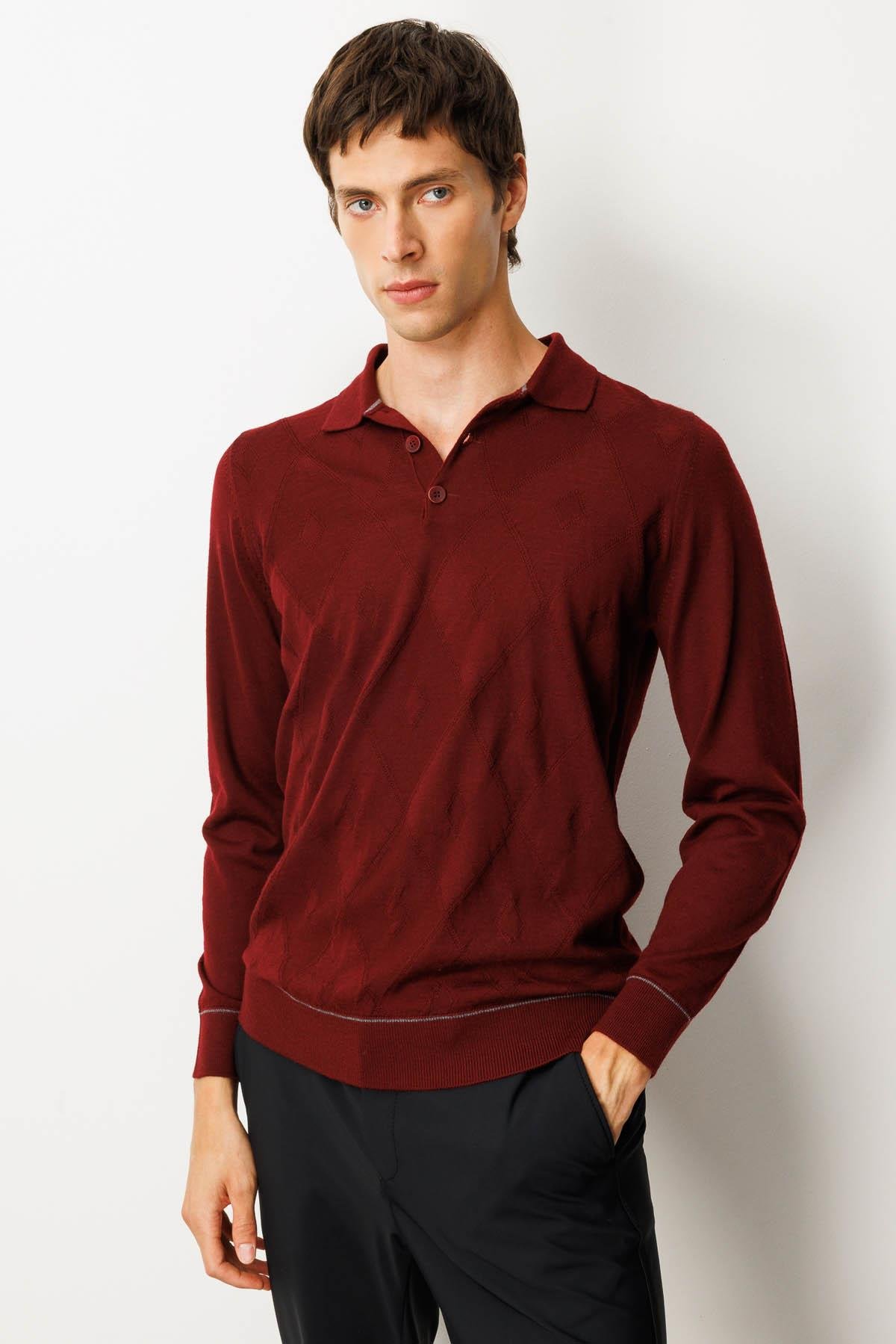 25606Erkek Polo Yaka Çizgili Baklavalı Yün Kazak Bordo