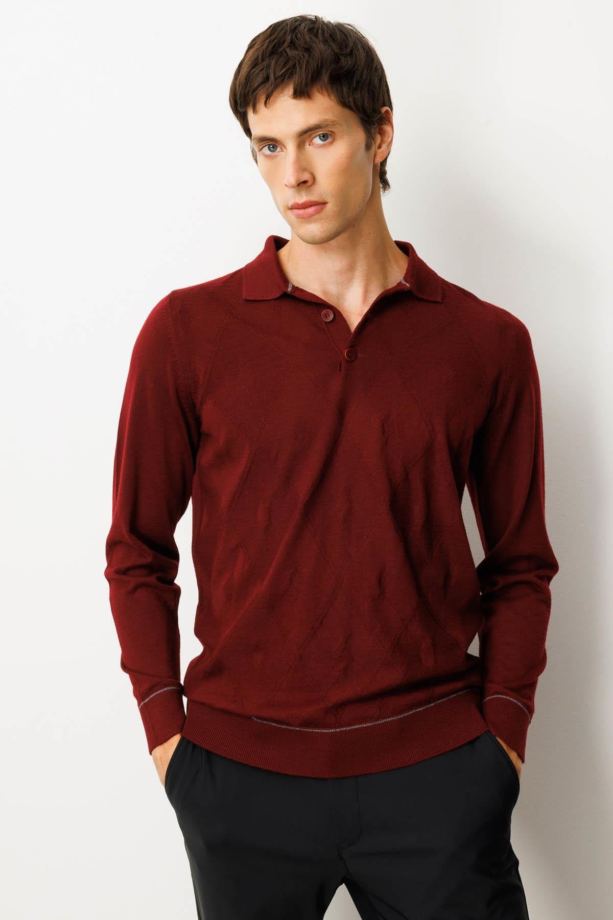 25606Erkek Polo Yaka Çizgili Baklavalı Yün Kazak Bordo