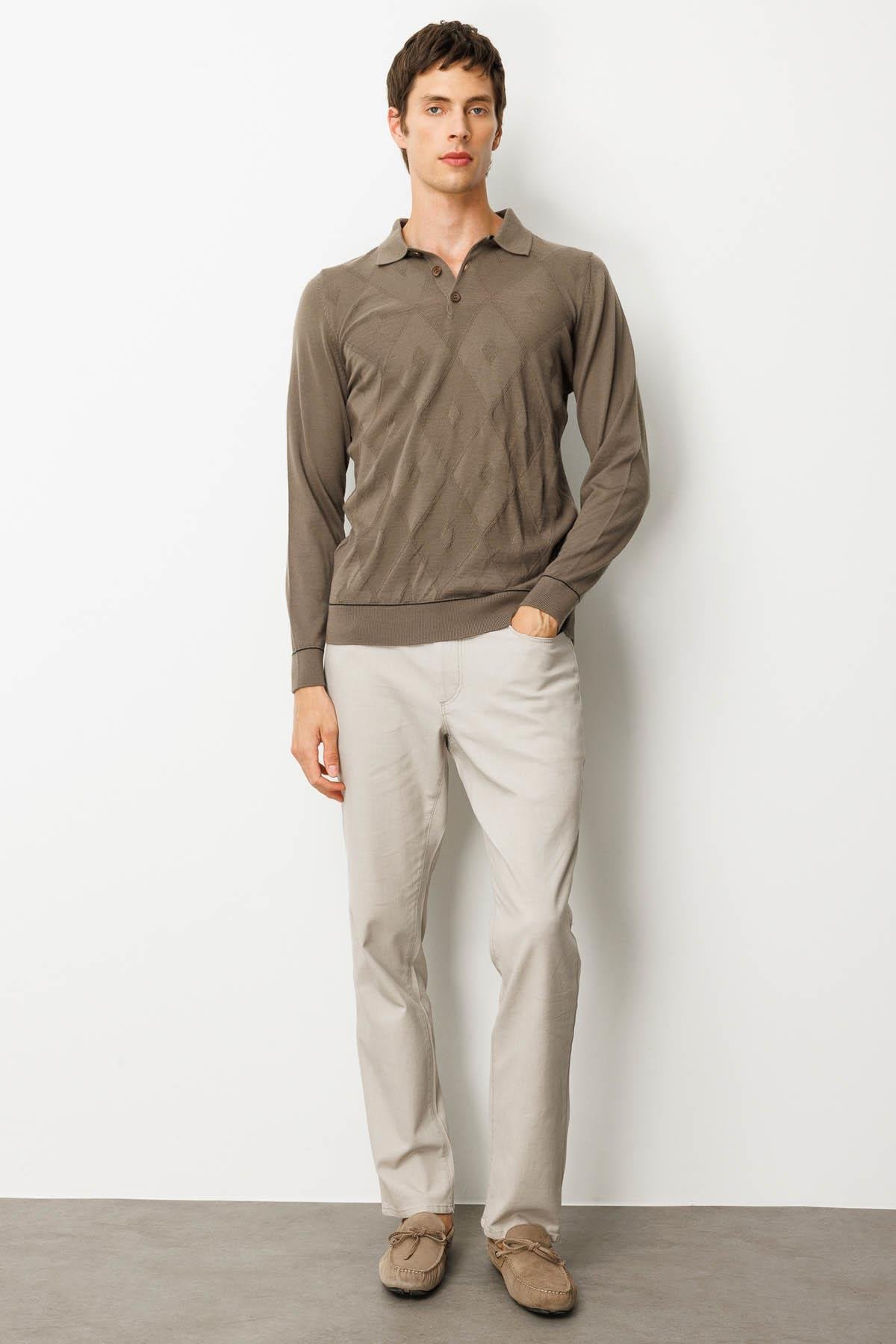 25606Erkek Polo Yaka Çizgili Baklavalı Yün Kazak Vizon