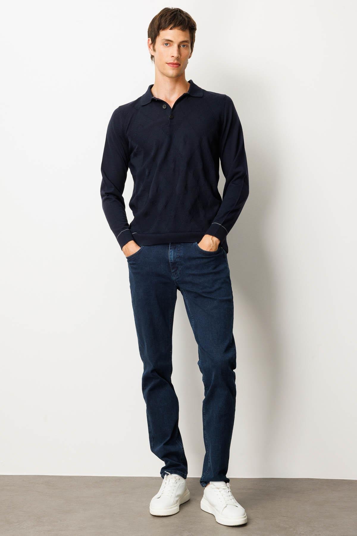 25606Erkek Polo Yaka Çizgili Baklavalı Yün Kazak K.Lacivert