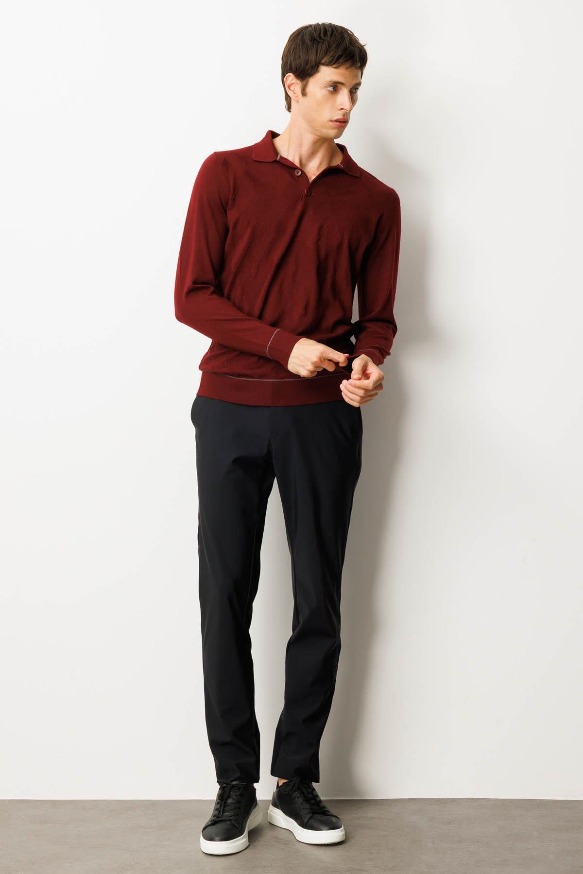 25606Erkek Polo Yaka Çizgili Baklavalı Yün Kazak Bordo