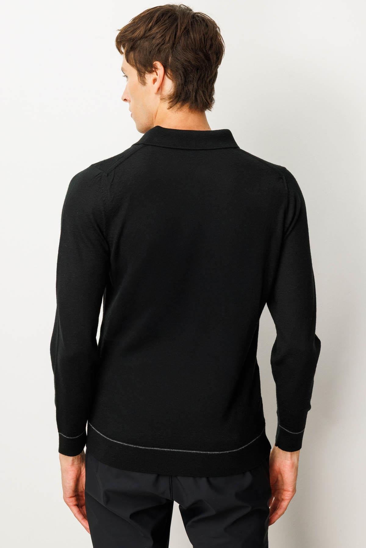 25606Erkek Polo Yaka Çizgili Baklavalı Yün Kazak Siyah