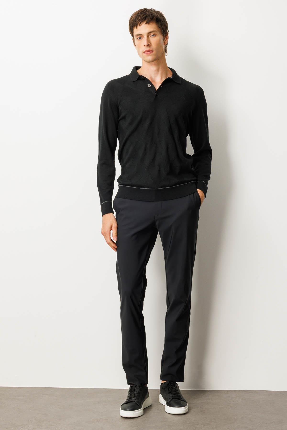 25606Erkek Polo Yaka Çizgili Baklavalı Yün Kazak Siyah