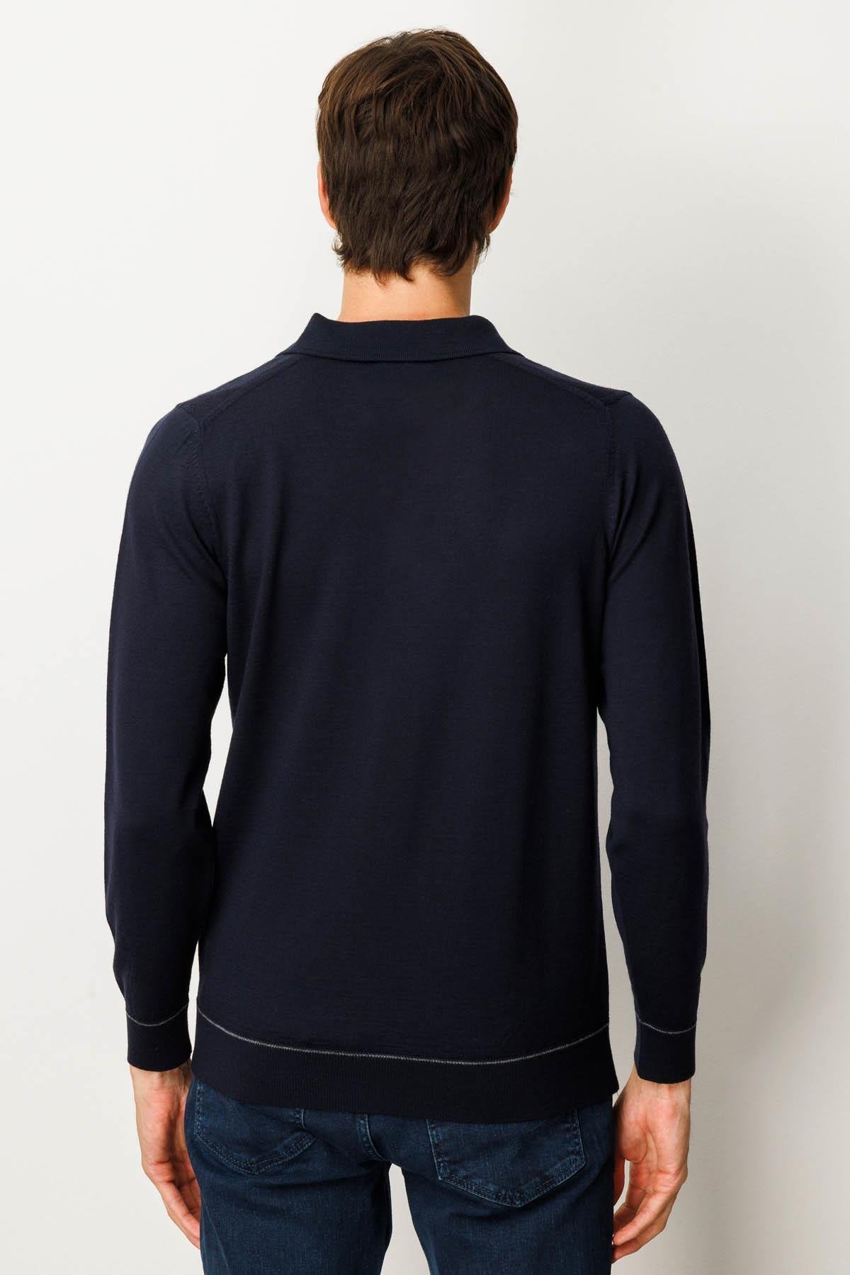 25606Erkek Polo Yaka Çizgili Baklavalı Yün Kazak K.Lacivert