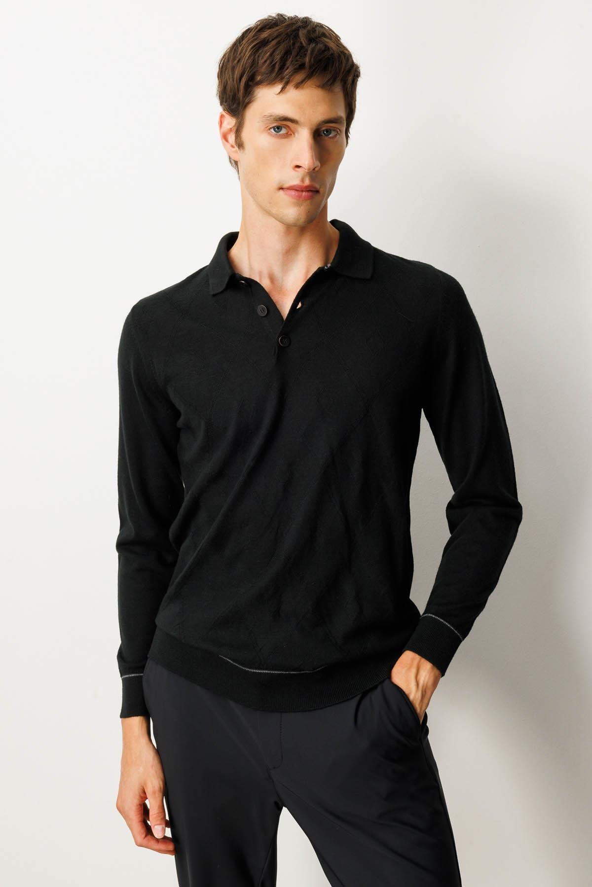 25606Erkek Polo Yaka Çizgili Baklavalı Yün Kazak Siyah