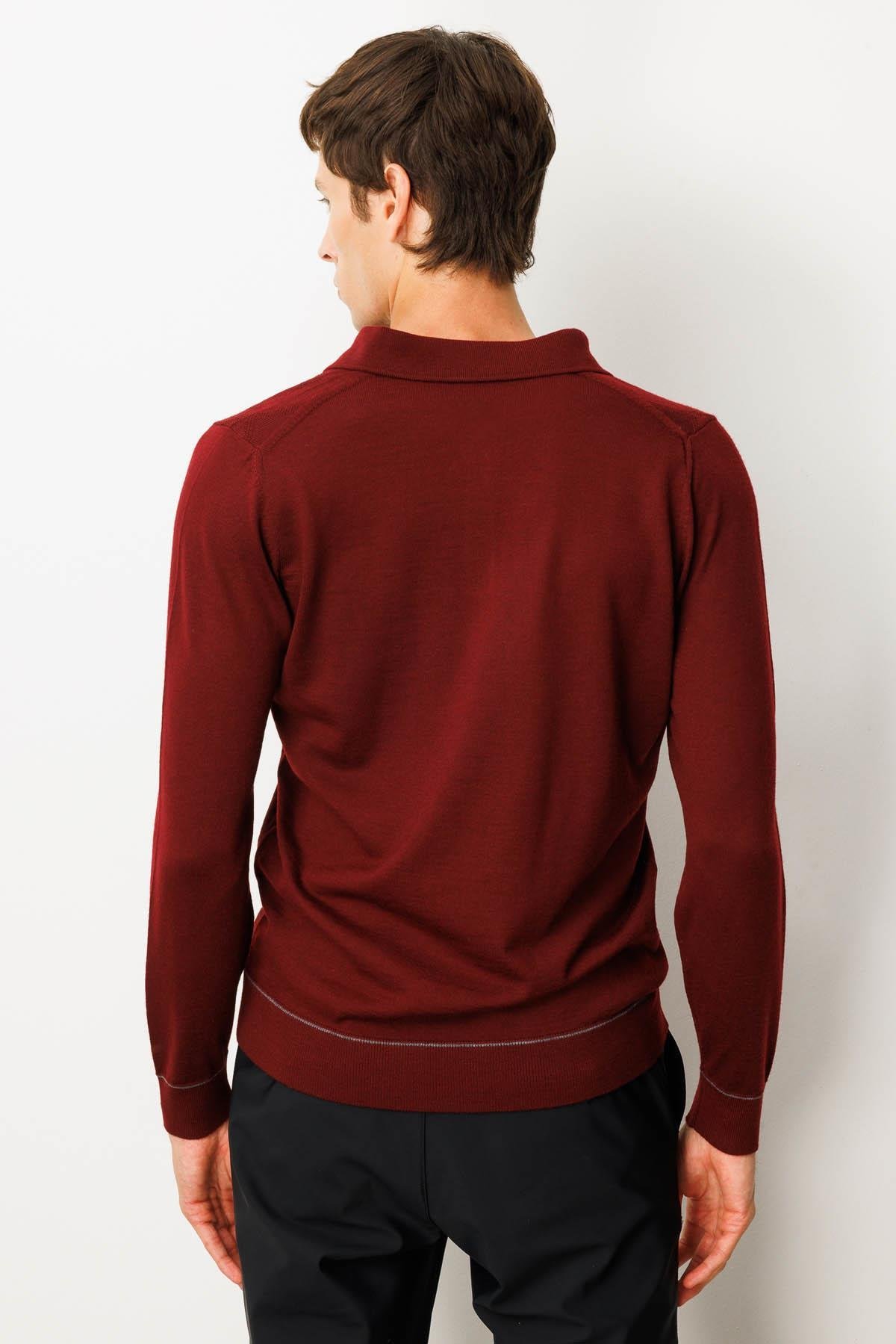 25606Erkek Polo Yaka Çizgili Baklavalı Yün Kazak Bordo