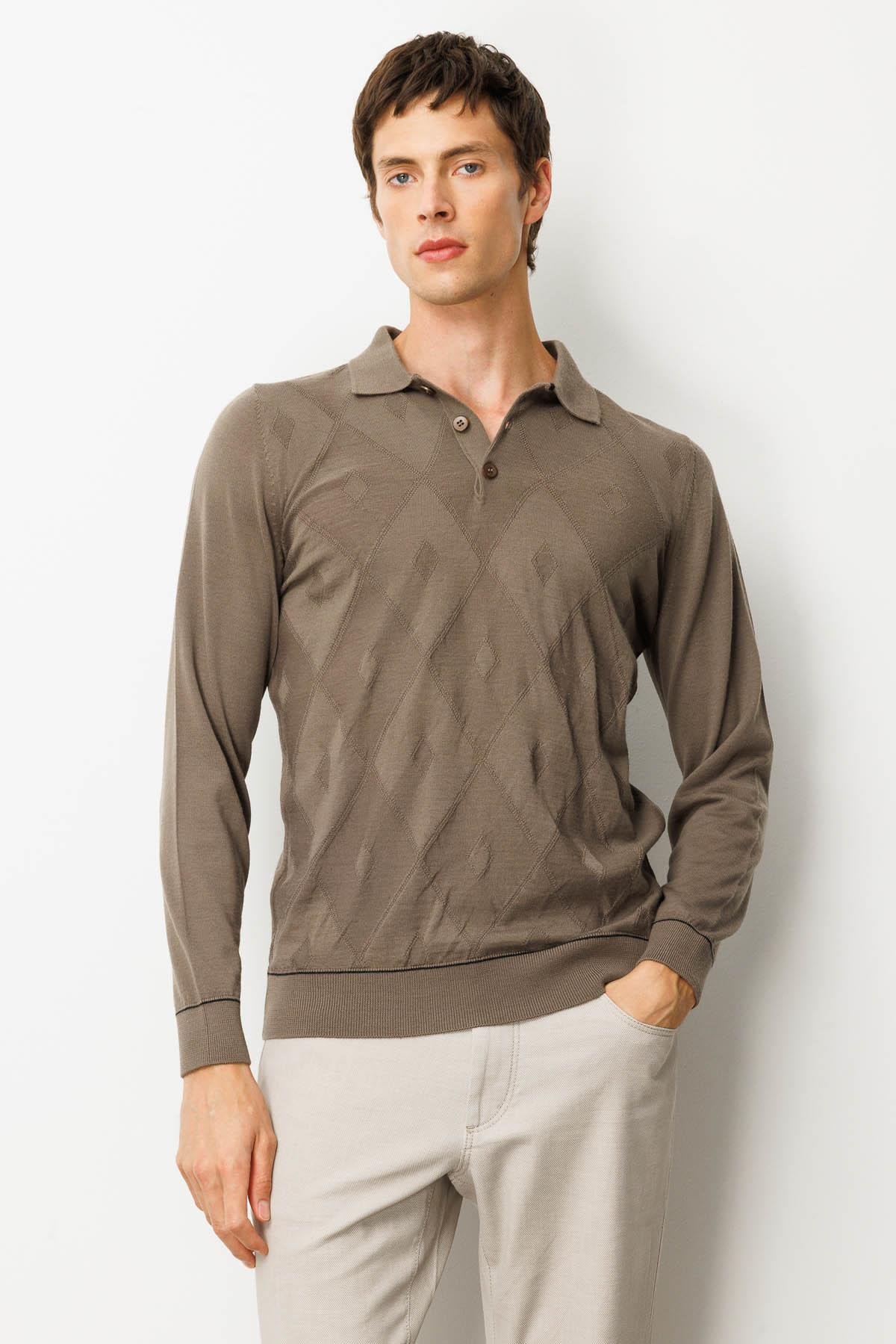 25606Erkek Polo Yaka Çizgili Baklavalı Yün Kazak Vizon