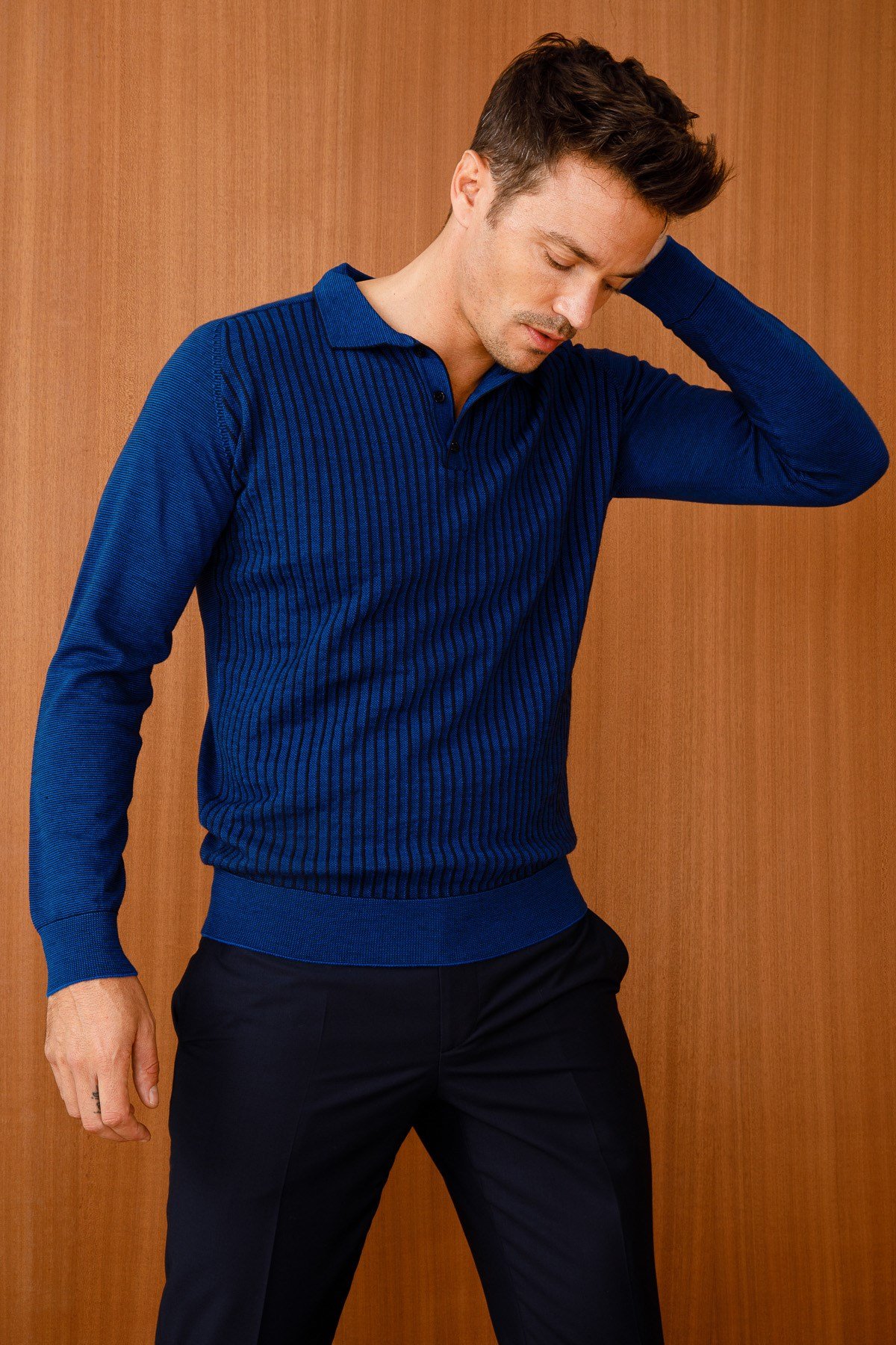 21502Erkek Polo Yaka Çizgili Kazak Saks