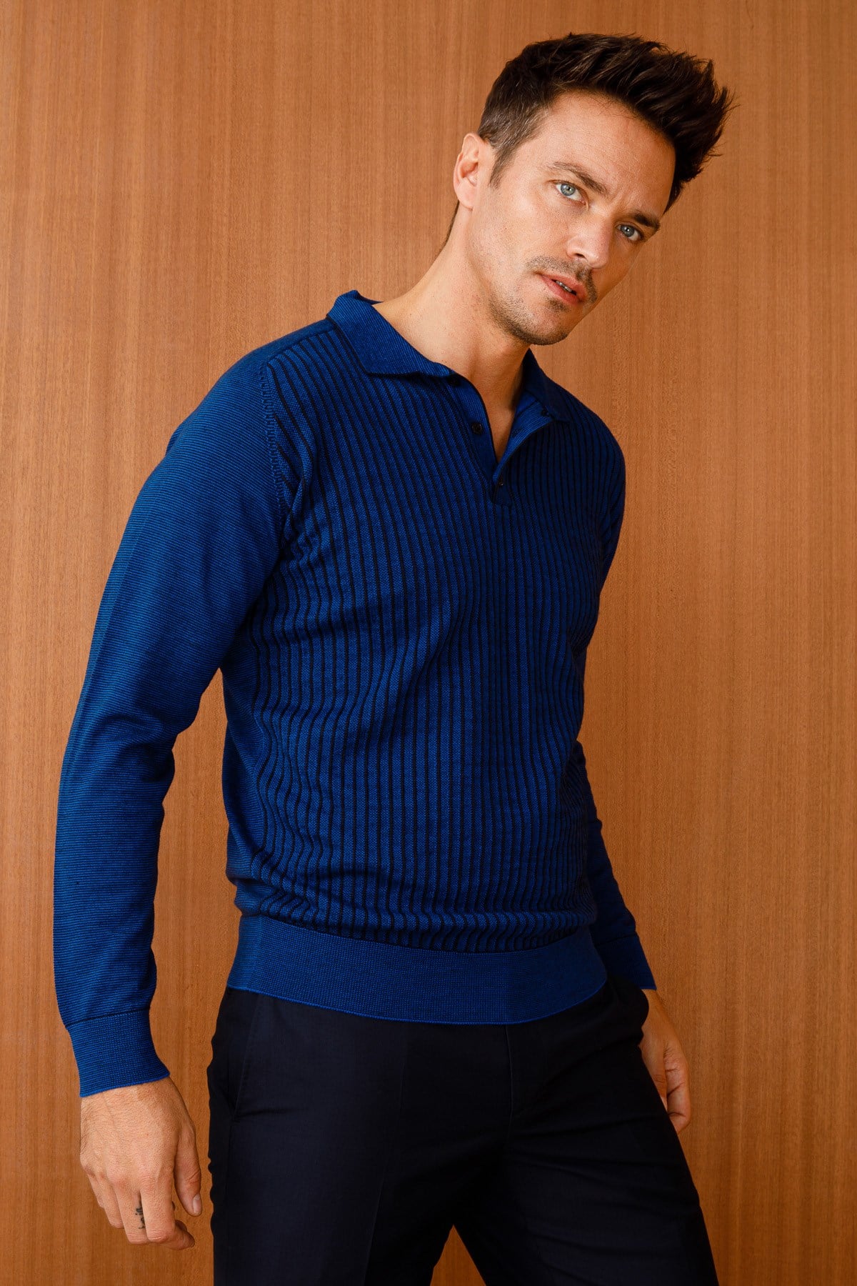 21502Erkek Polo Yaka Çizgili Kazak Saks