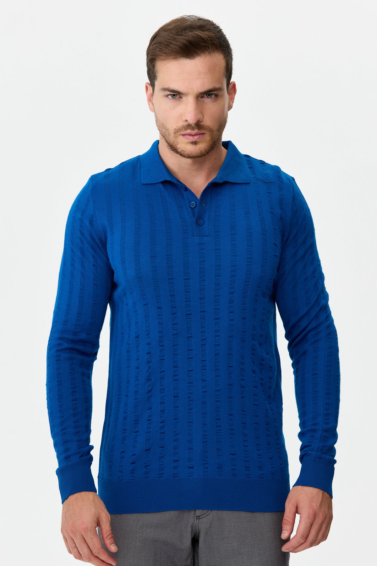 21627Erkek Polo Yaka Dalgalı Çizgili Kazak Saks Mavi