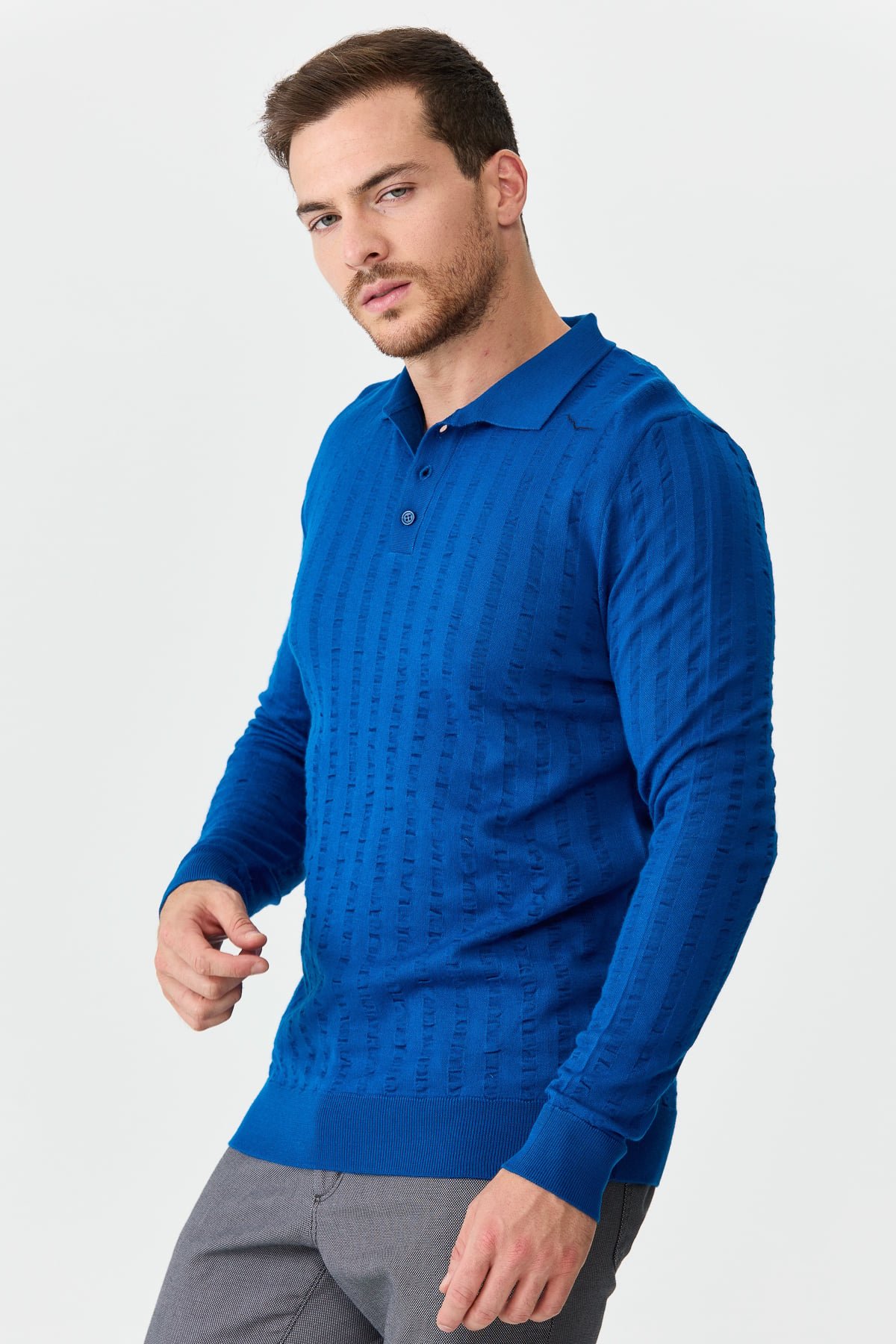 21627Erkek Polo Yaka Dalgalı Çizgili Kazak Saks Mavi