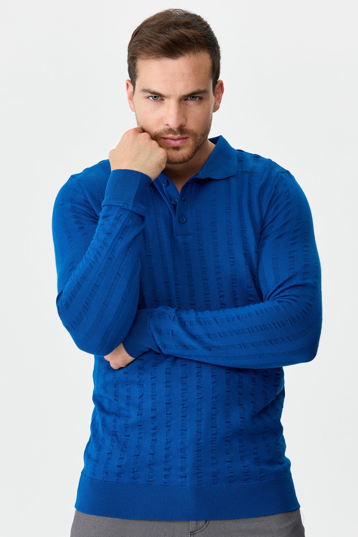 21627Erkek Polo Yaka Dalgalı Çizgili Kazak Saks Mavi