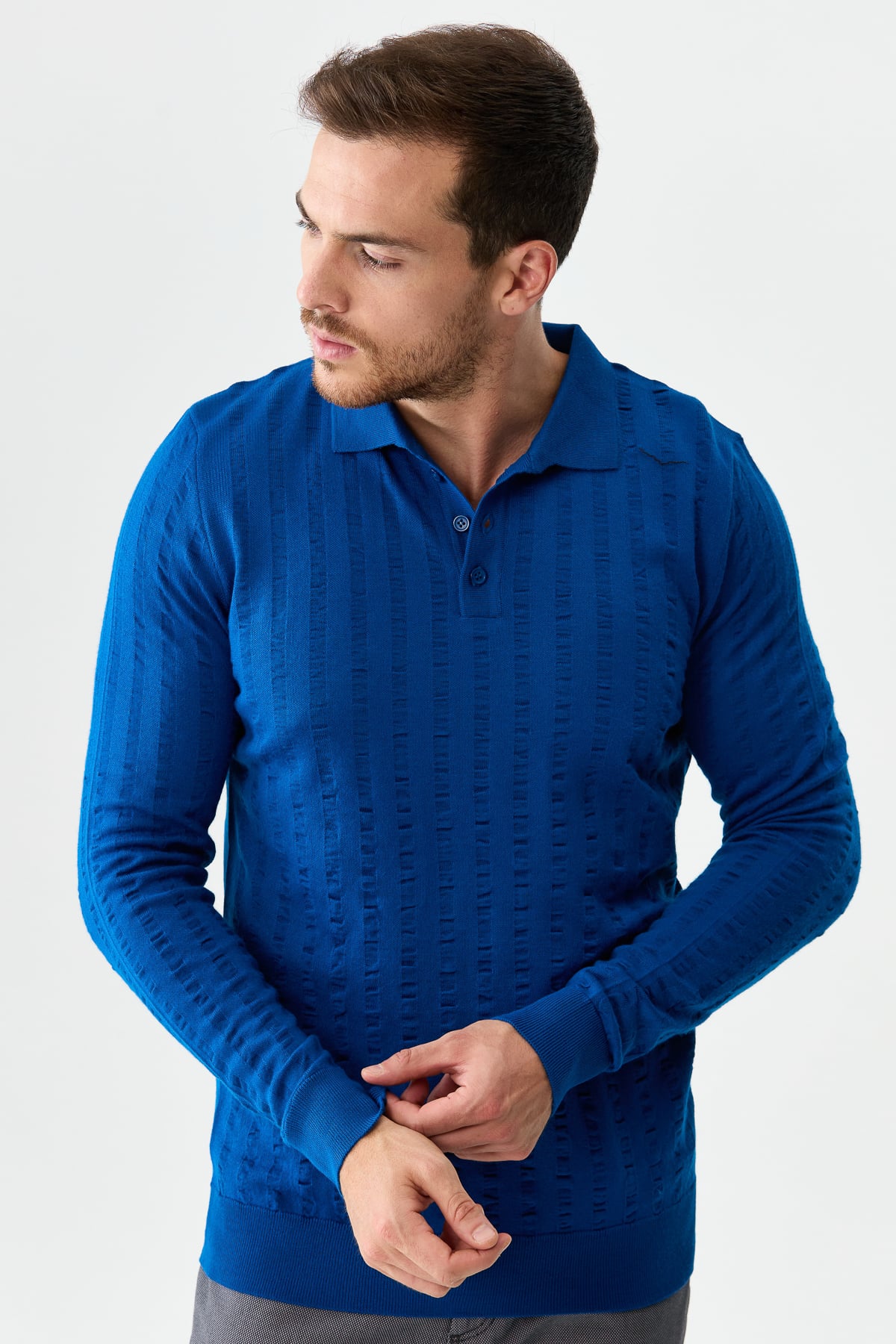 21627Erkek Polo Yaka Dalgalı Çizgili Kazak Saks Mavi