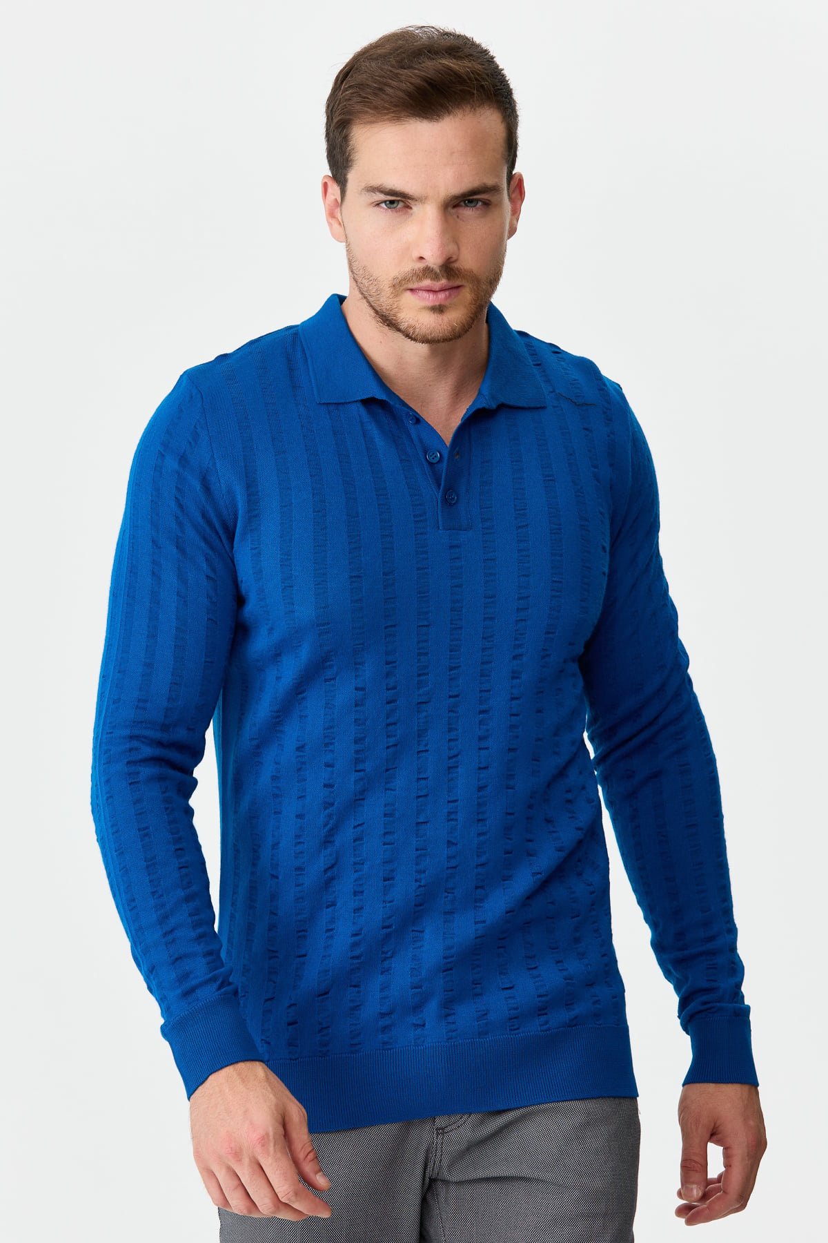 21627Erkek Polo Yaka Dalgalı Çizgili Kazak Saks Mavi