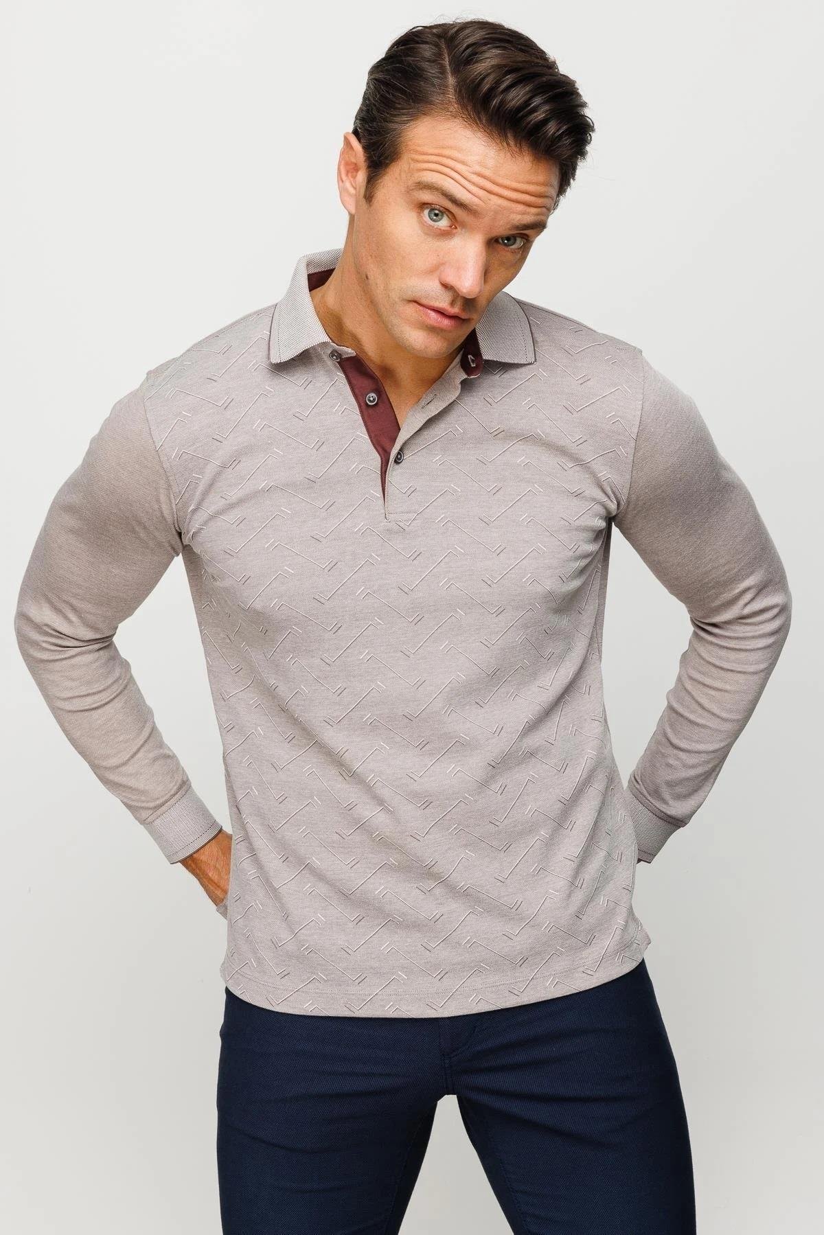 705Erkek Polo Yaka Desenli Uzun Kollu Sweatshirt Bej