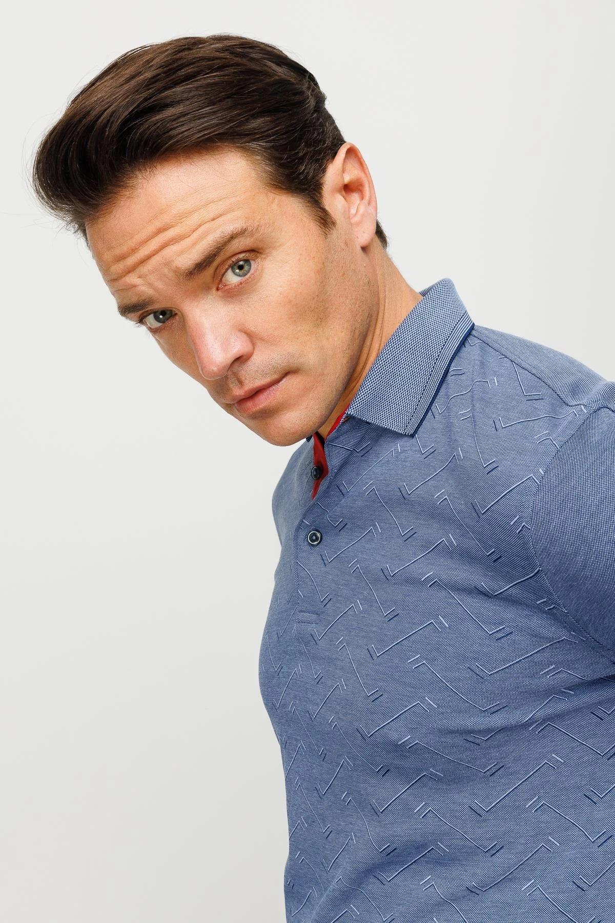 705Erkek Polo Yaka Desenli Uzun Kollu Sweatshirt Lacivert