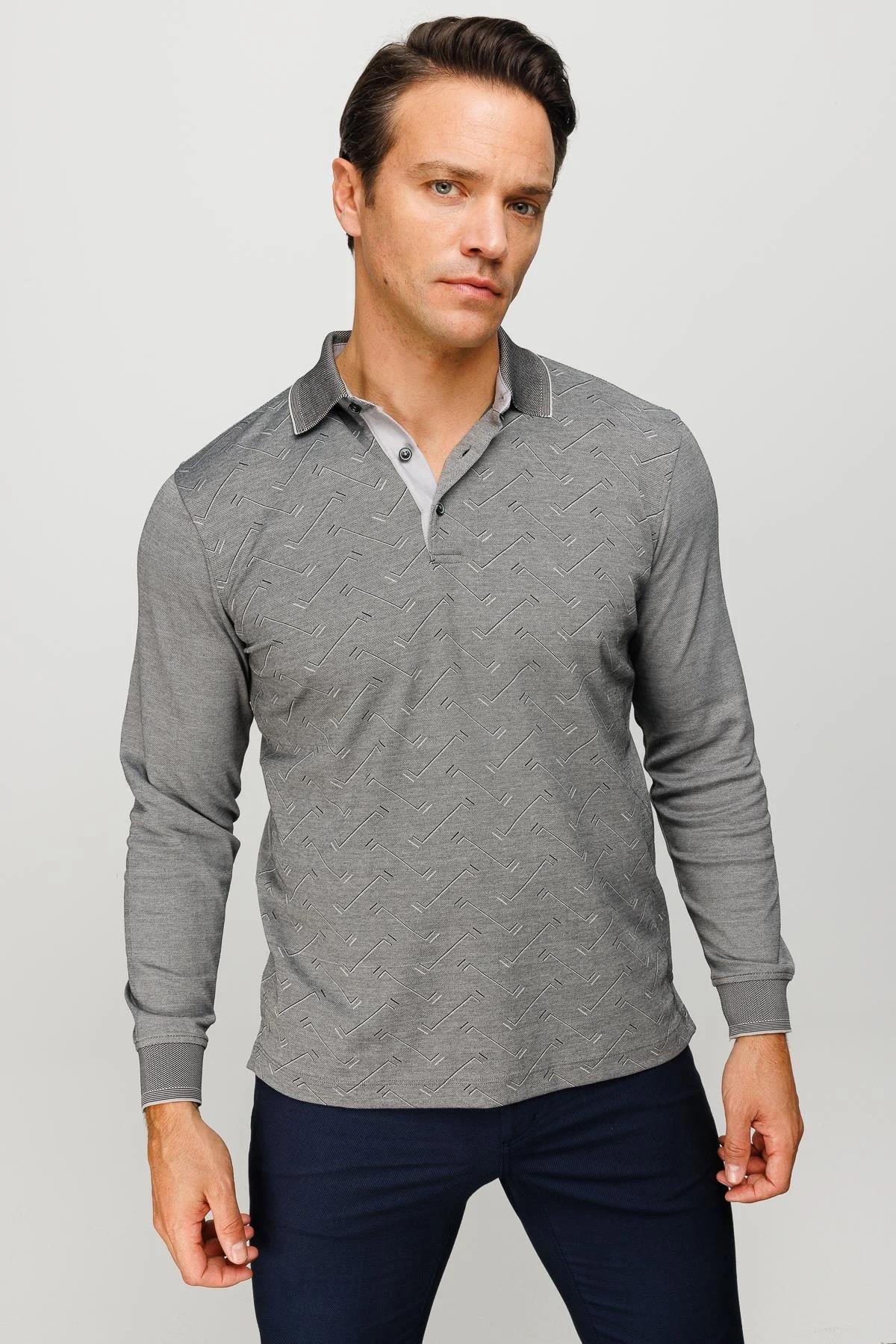 705Erkek Polo Yaka Desenli Uzun Kollu Sweatshirt Siyah